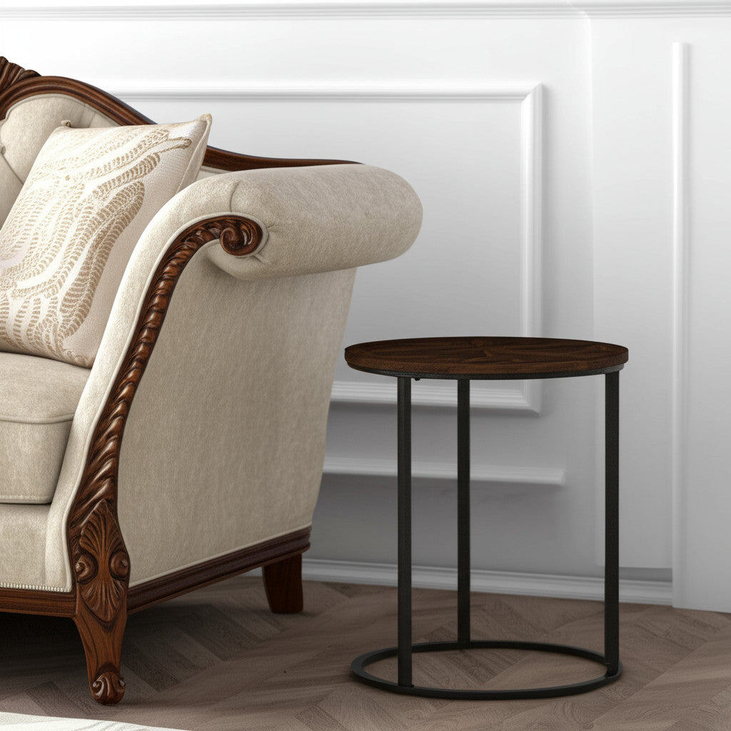 24" Natural Wood Solid Wood And Iron Round End Table-End-Side Tables-DECOROLALA