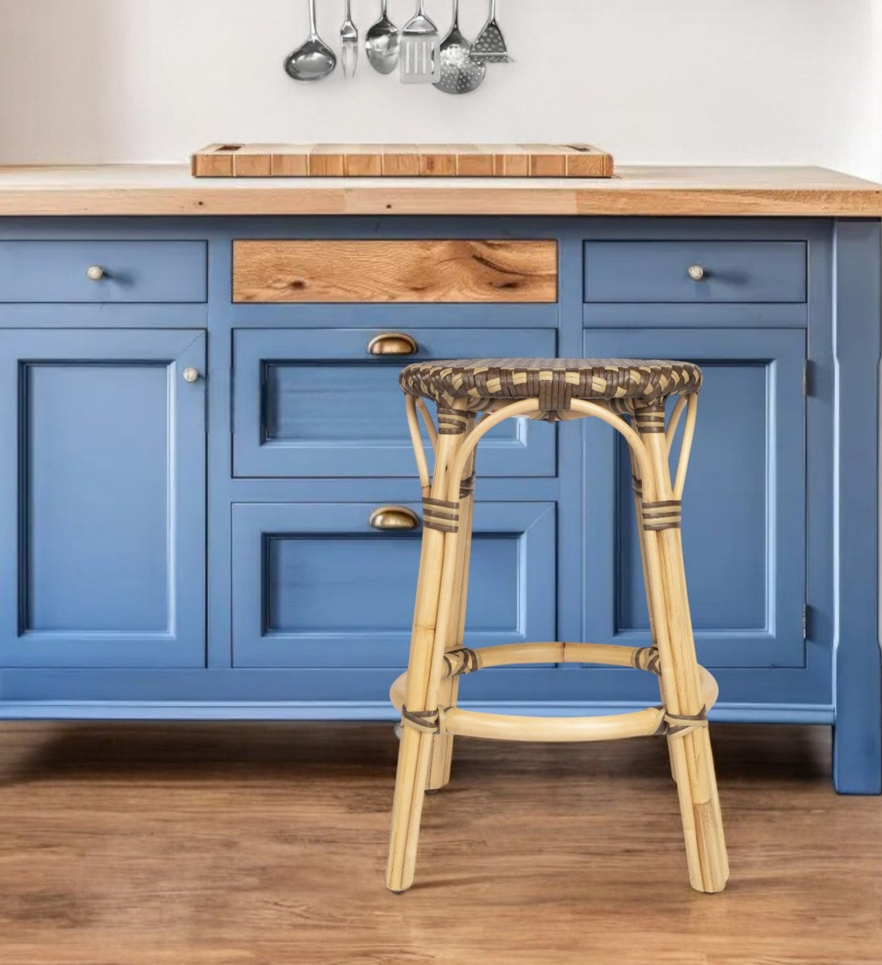 24" Natural and Brown Rattan Backless Counter Height Bar Chair-Bar Chairs-DECOROLALA