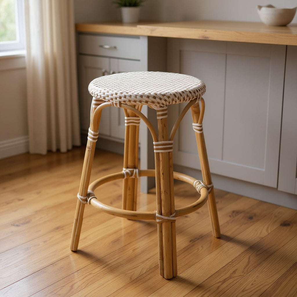 24" Natural and White Heavy Duty Plastic and Rattan Backless Counter Height Bar Chair-Bar Chairs-DECOROLALA