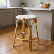 24" Natural and White Heavy Duty Plastic and Rattan Backless Counter Height Bar Chair-Bar Chairs-DECOROLALA