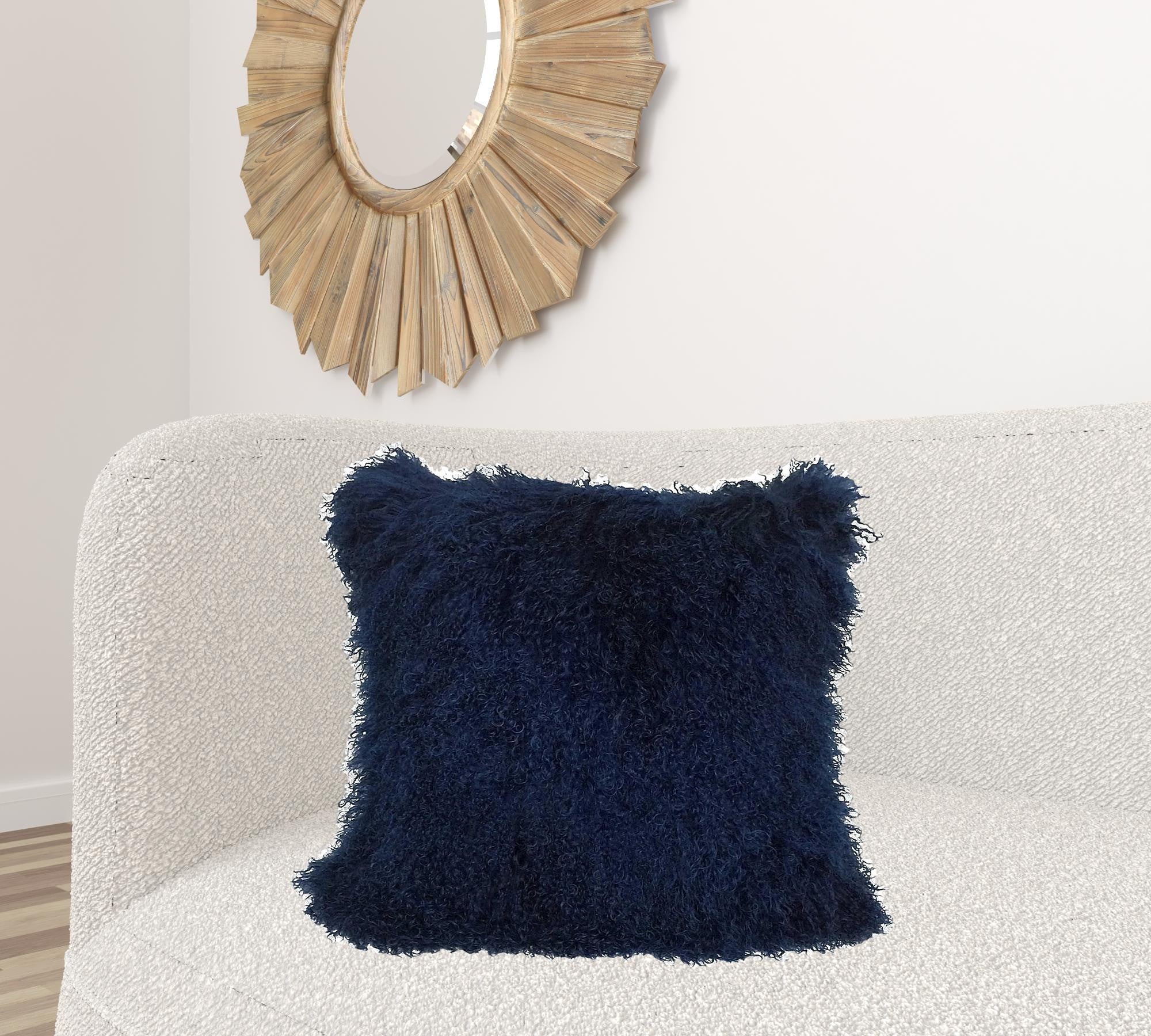 24" Navy Blue Genuine Tibetan Lamb Fur Pillow With Microsuede Backing-Accent Throw Pillows-DECOROLALA