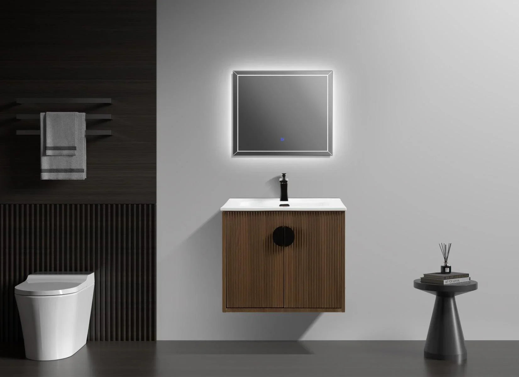 24" Oak Wall Mount Bathroom Vanity with White Ceramic Countertop-Migration_Bathroom Vanities-DECOROLALA