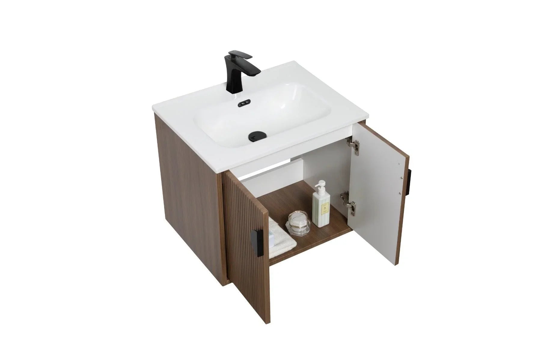 24" Oak Wall Mount Bathroom Vanity with White Ceramic Countertop-Migration_Bathroom Vanities-DECOROLALA