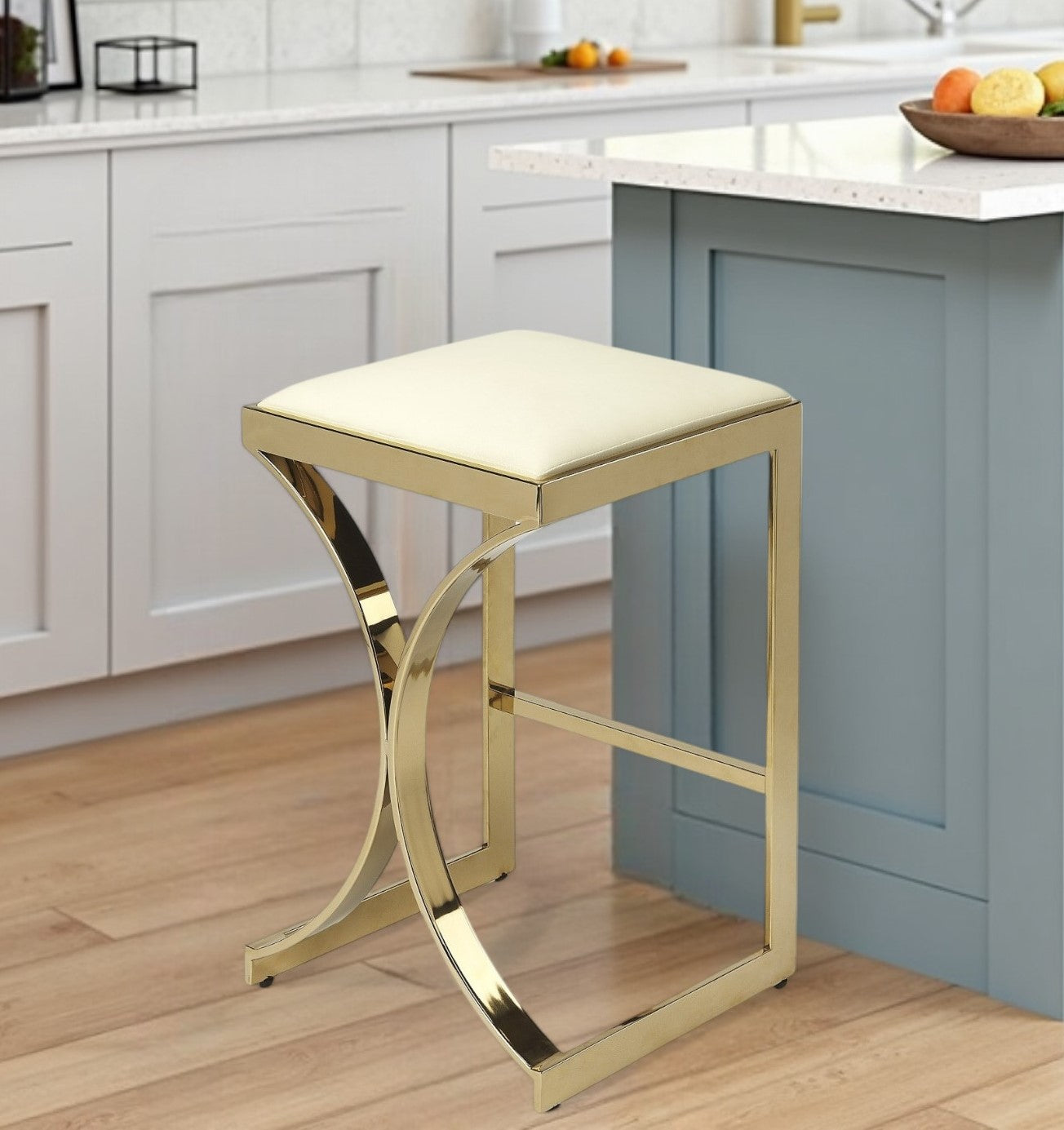 24" Off White and Gold Faux Leather and Iron Backless Counter Height Bar Chair-Bar Chairs-DECOROLALA