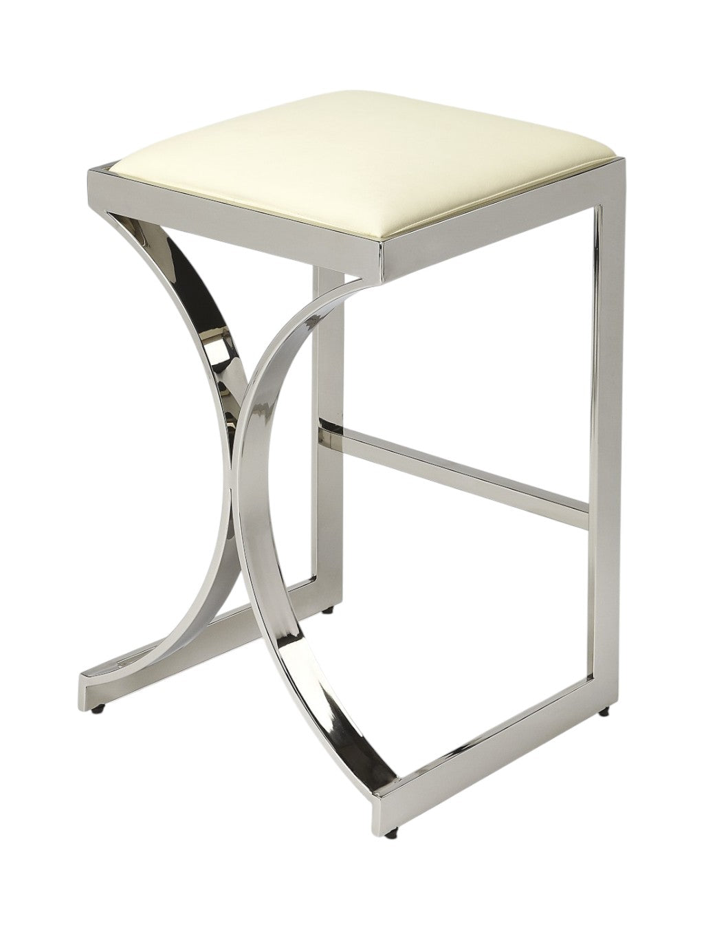 24" Off White and Silver Faux Leather and Iron Backless Counter Height Bar Chair-Bar Chairs-DECOROLALA