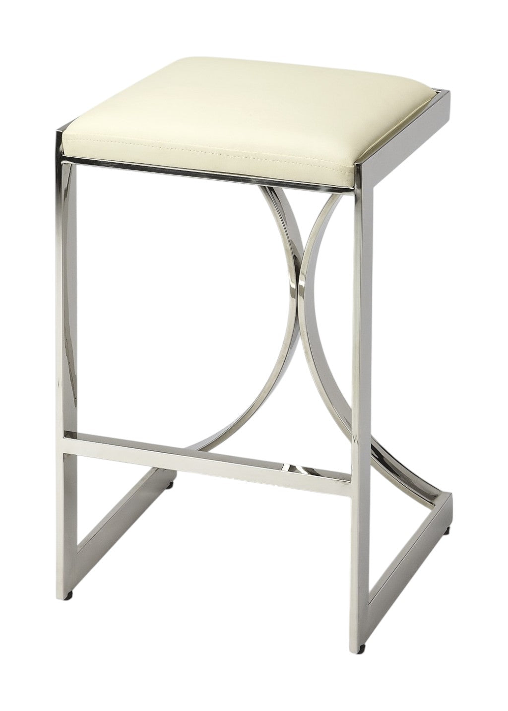 24" Off White and Silver Faux Leather and Iron Backless Counter Height Bar Chair-Bar Chairs-DECOROLALA