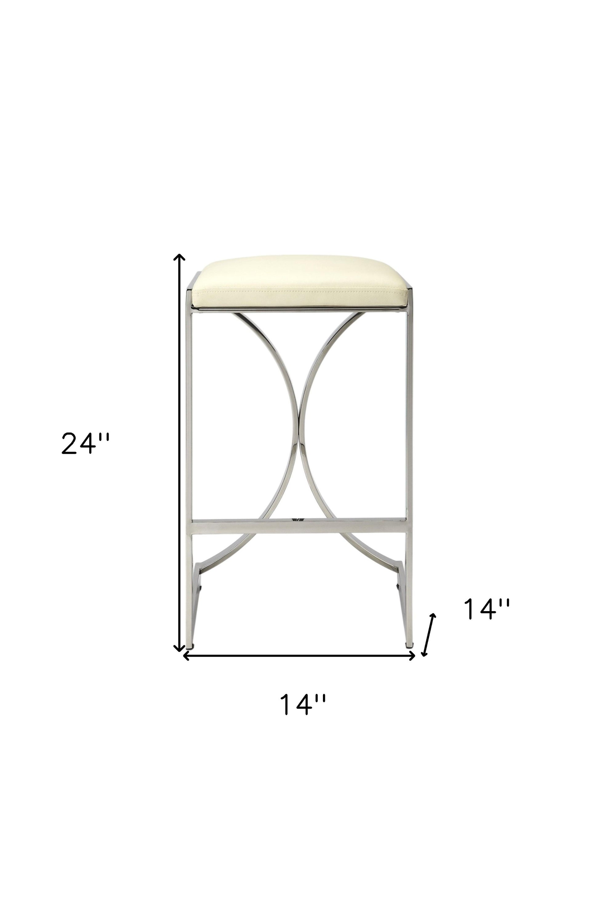 24" Off White and Silver Faux Leather and Iron Backless Counter Height Bar Chair-Bar Chairs-DECOROLALA