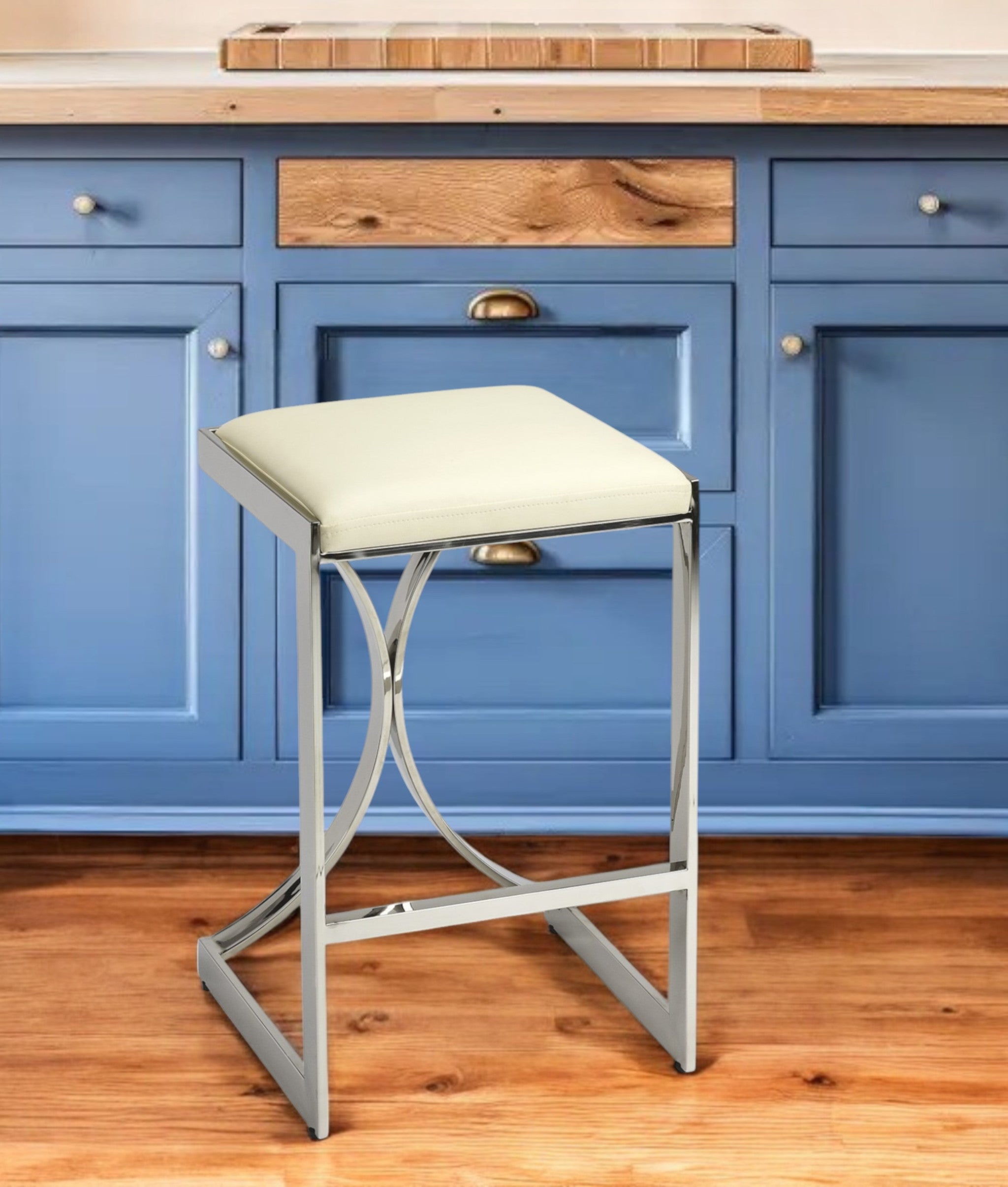 24" Off White and Silver Faux Leather and Iron Backless Counter Height Bar Chair-Bar Chairs-DECOROLALA