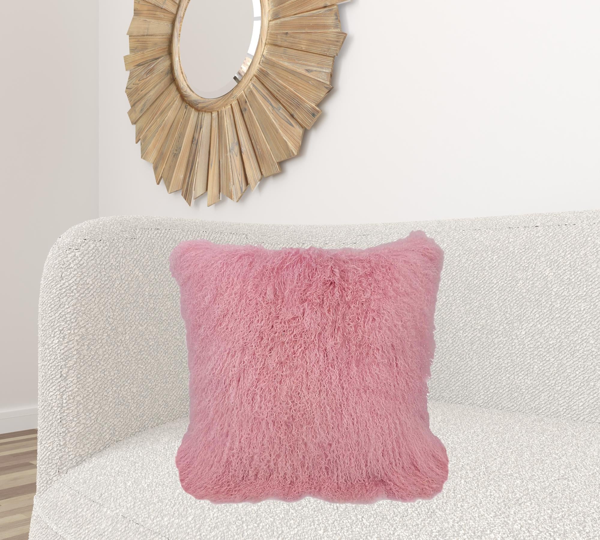 24" Pink Genuine Tibetan Lamb Fur Pillow With Microsuede Backing-Accent Throw Pillows-DECOROLALA