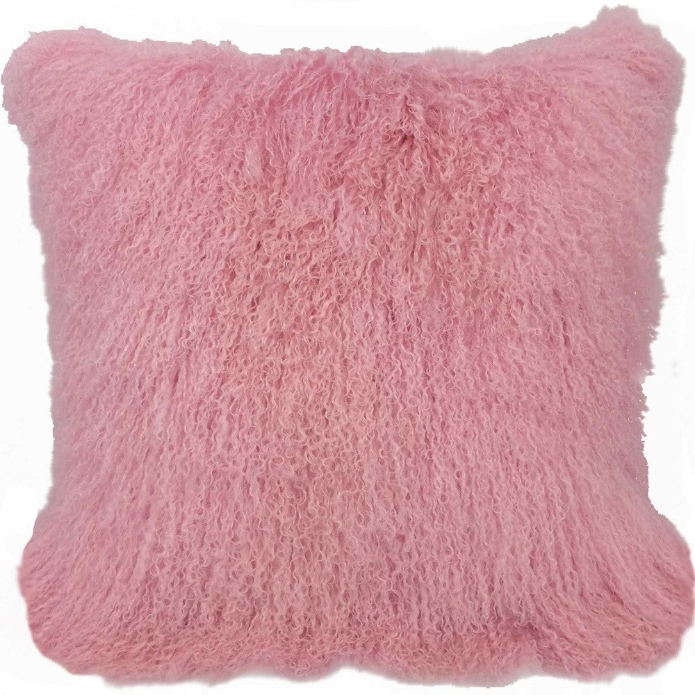 24" Pink Genuine Tibetan Lamb Fur Pillow With Microsuede Backing-Accent Throw Pillows-DECOROLALA