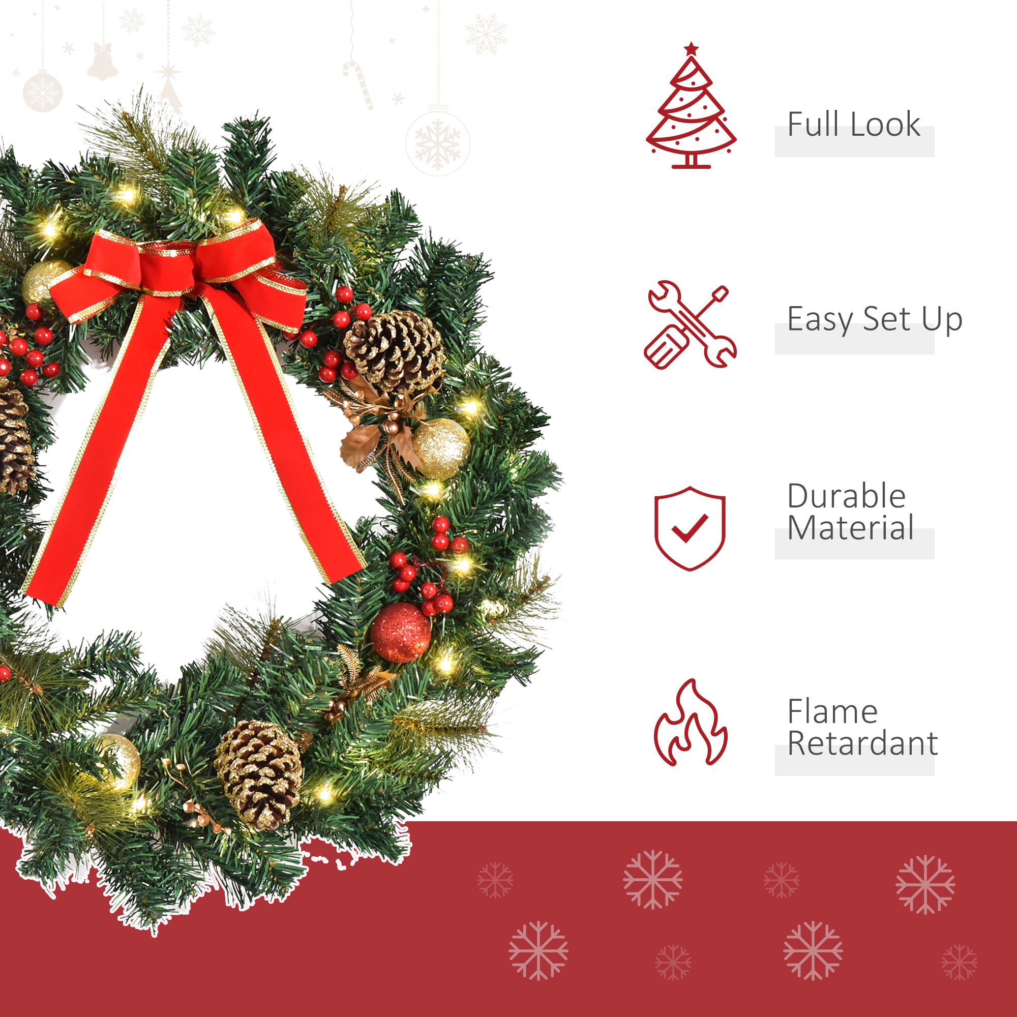 24" Pre-Lit Artificial Christmas Wreath - 20 LED Lights-Home Furnishings > Holiday & Seasonal > Christmas Decorations > Christmas Wreaths-DECOROLALA