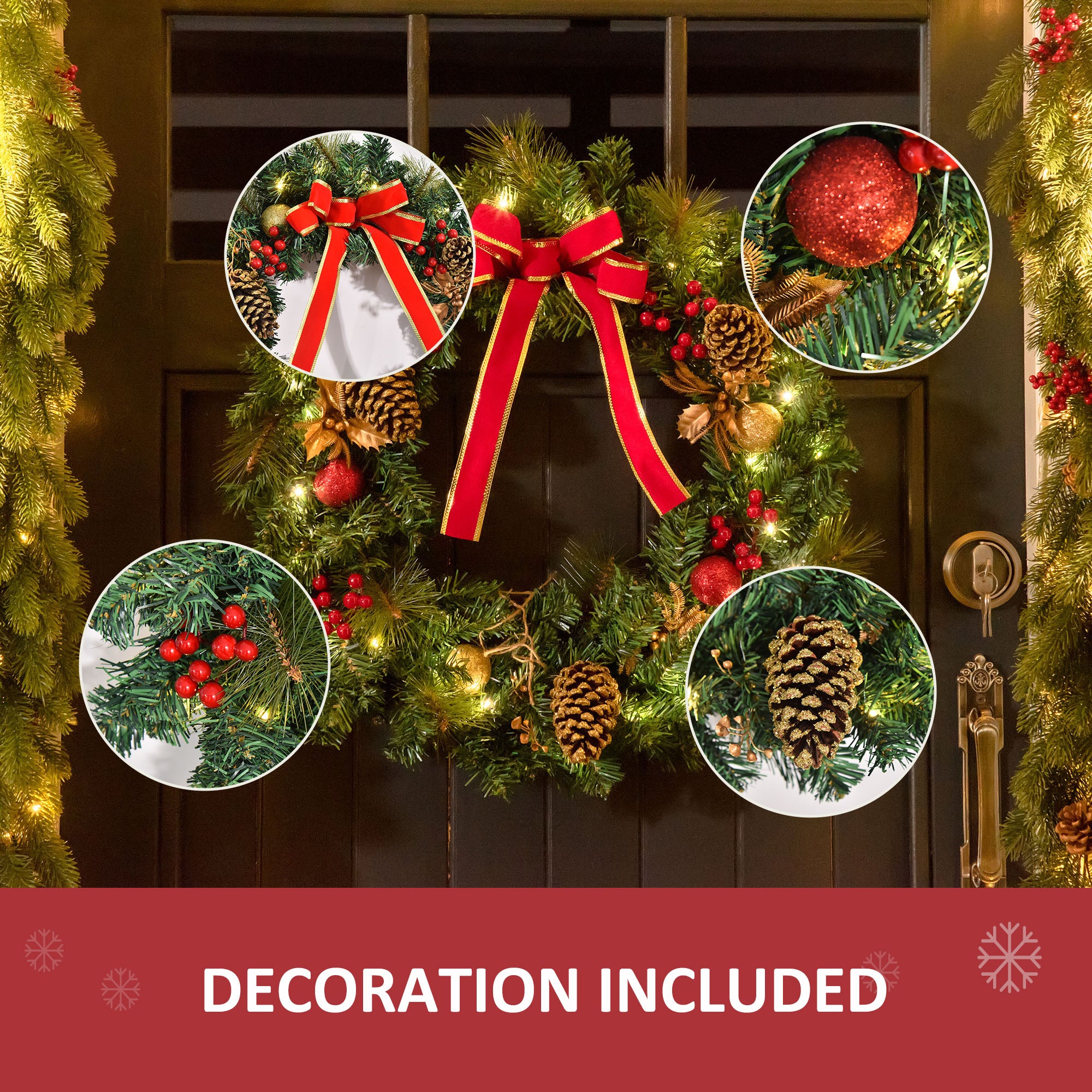 24" Pre-Lit Artificial Christmas Wreath - 20 LED Lights-Home Furnishings > Holiday & Seasonal > Christmas Decorations > Christmas Wreaths-DECOROLALA