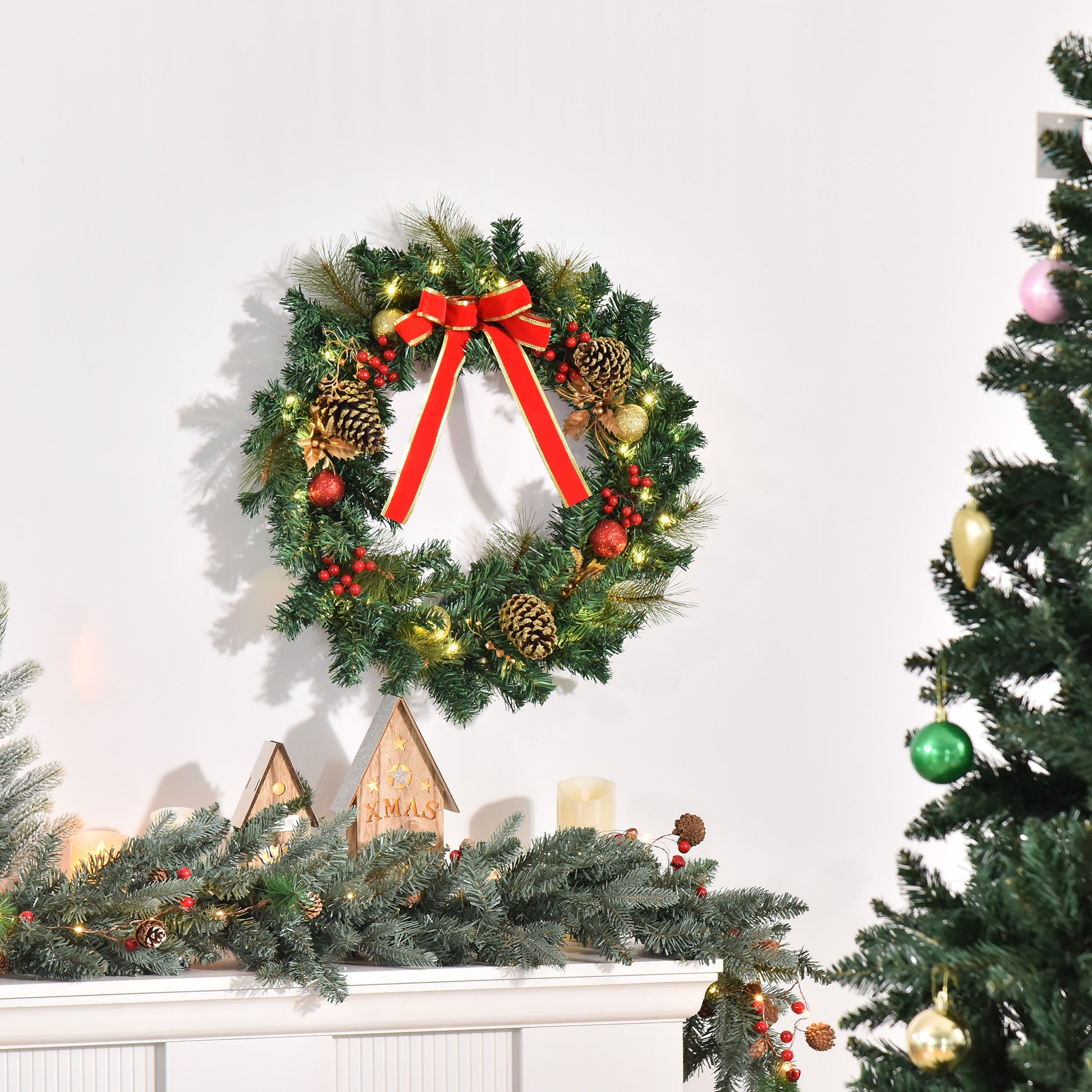 24" Pre-Lit Artificial Christmas Wreath - 20 LED Lights-Home Furnishings > Holiday & Seasonal > Christmas Decorations > Christmas Wreaths-DECOROLALA
