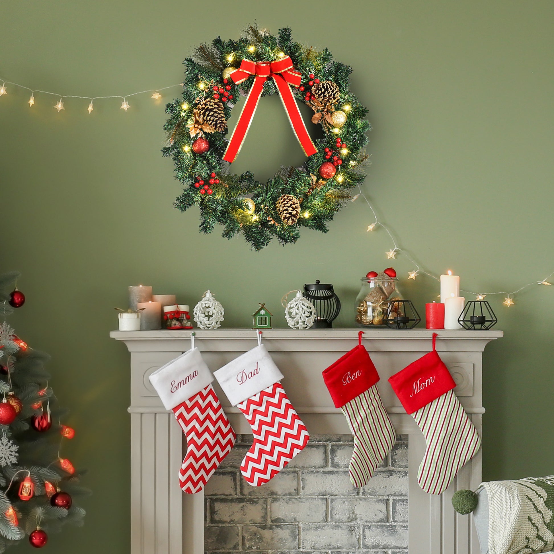 24" Pre-Lit Artificial Christmas Wreath - 20 LED Lights-Home Furnishings > Holiday & Seasonal > Christmas Decorations > Christmas Wreaths-DECOROLALA