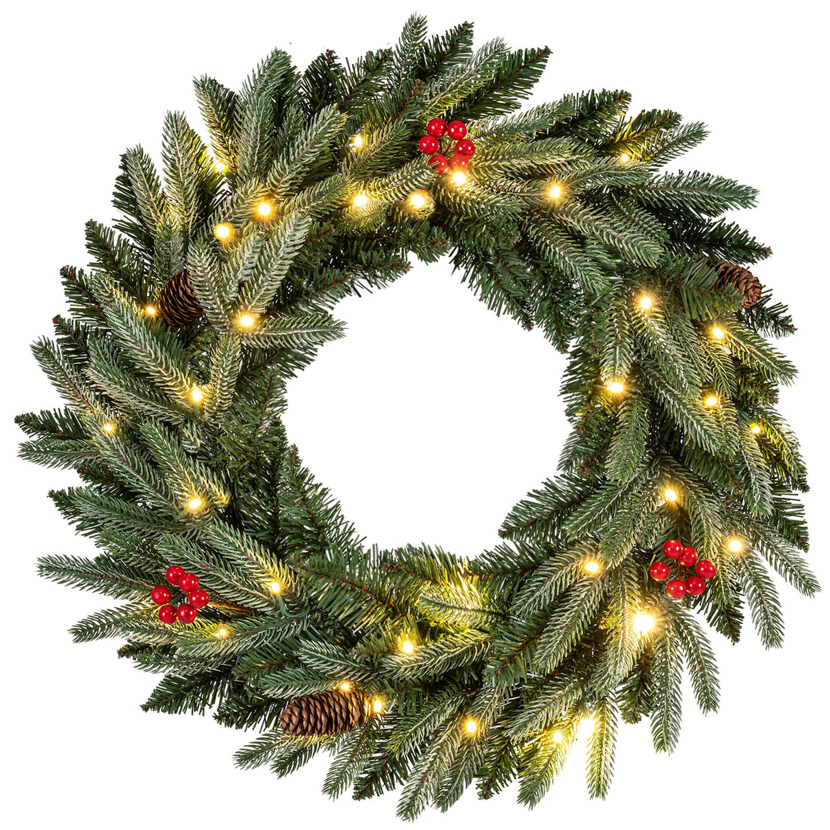 24” Pre-lit Christmas Wreath Front Door Artificial Xmas Wreath with 90 Frosted Branch Tips-Christmas Decorations & Accessories-DECOROLALA