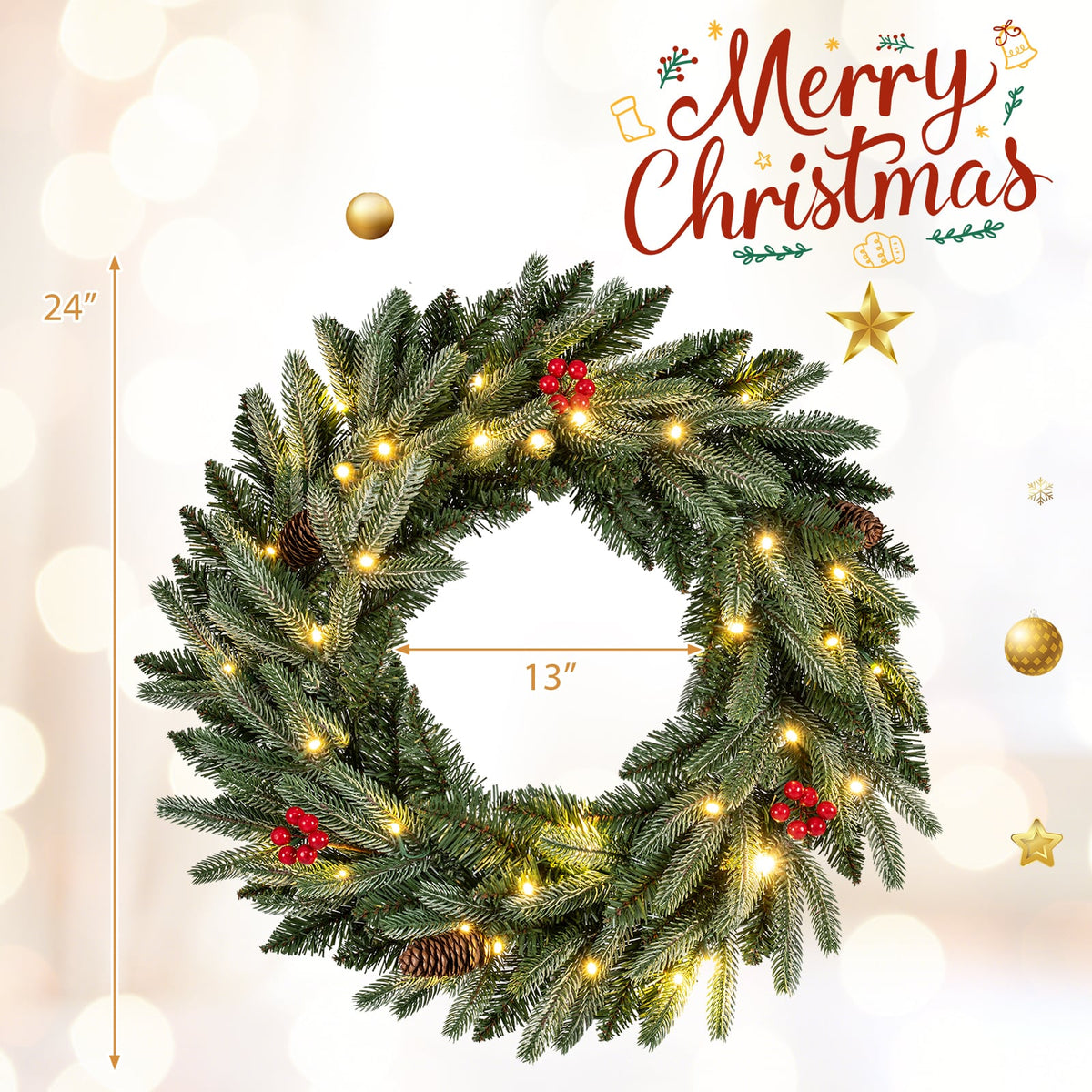 24” Pre-lit Christmas Wreath Front Door Artificial Xmas Wreath with 90 Frosted Branch Tips-Christmas Decorations & Accessories-DECOROLALA
