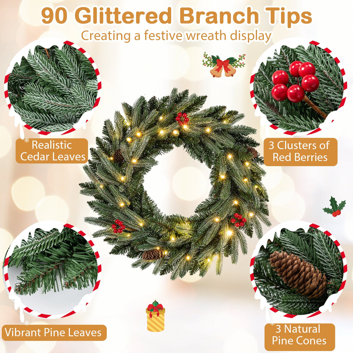 24” Pre-lit Christmas Wreath Front Door Artificial Xmas Wreath with 90 Frosted Branch Tips-Christmas Decorations & Accessories-DECOROLALA