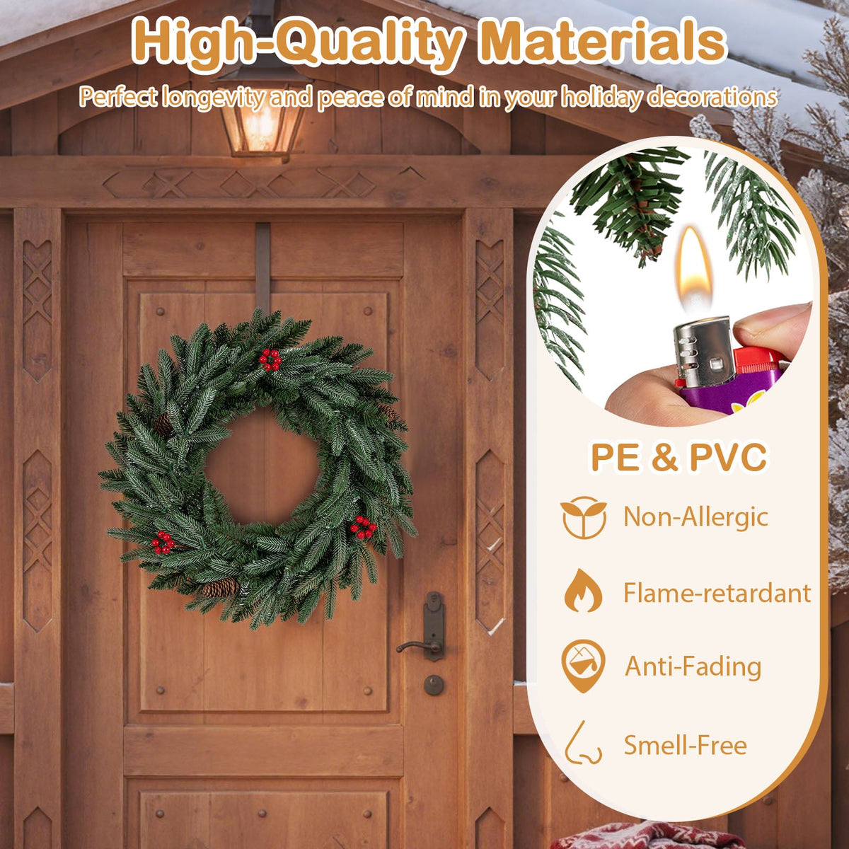 24” Pre-lit Christmas Wreath Front Door Artificial Xmas Wreath with 90 Frosted Branch Tips-Christmas Decorations & Accessories-DECOROLALA