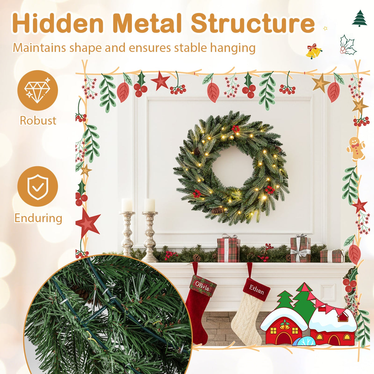 24” Pre-lit Christmas Wreath Front Door Artificial Xmas Wreath with 90 Frosted Branch Tips-Christmas Decorations & Accessories-DECOROLALA