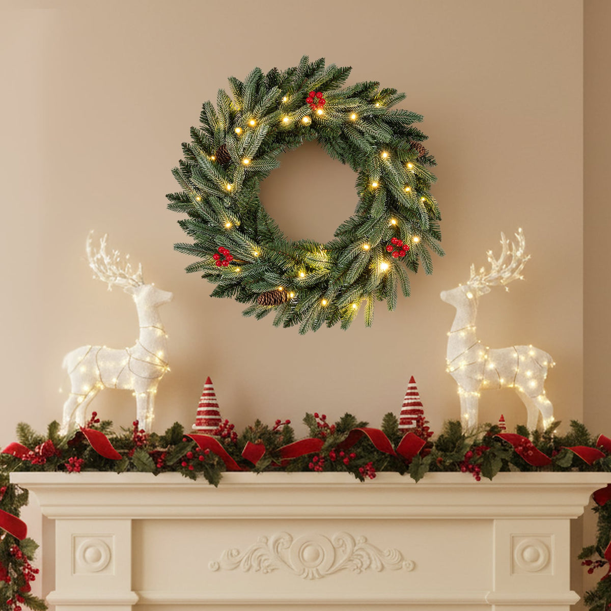 24” Pre-lit Christmas Wreath Front Door Artificial Xmas Wreath with 90 Frosted Branch Tips-Christmas Decorations & Accessories-DECOROLALA