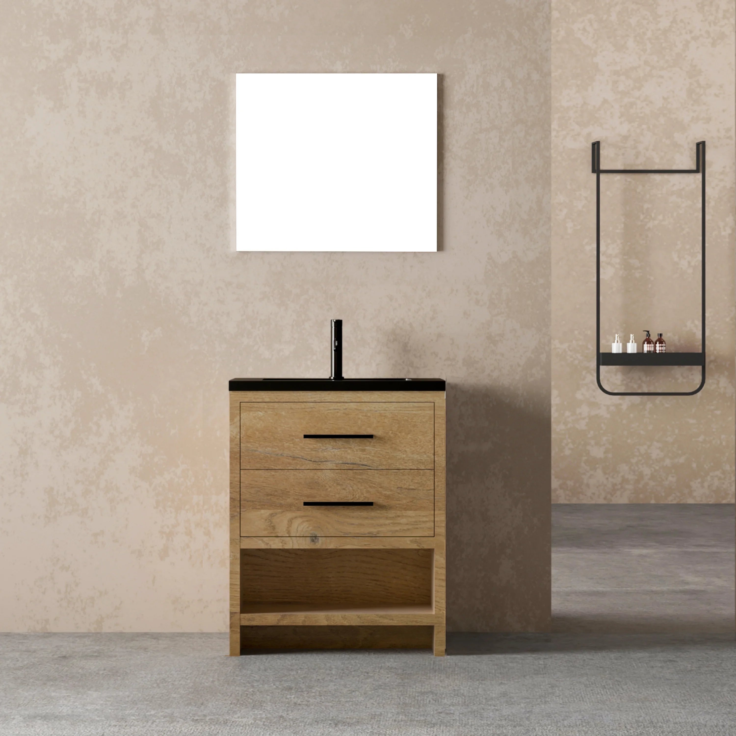 24" Rough Oak Freestanding Bathroom Vanity with Black Engineered Quartz Countertop