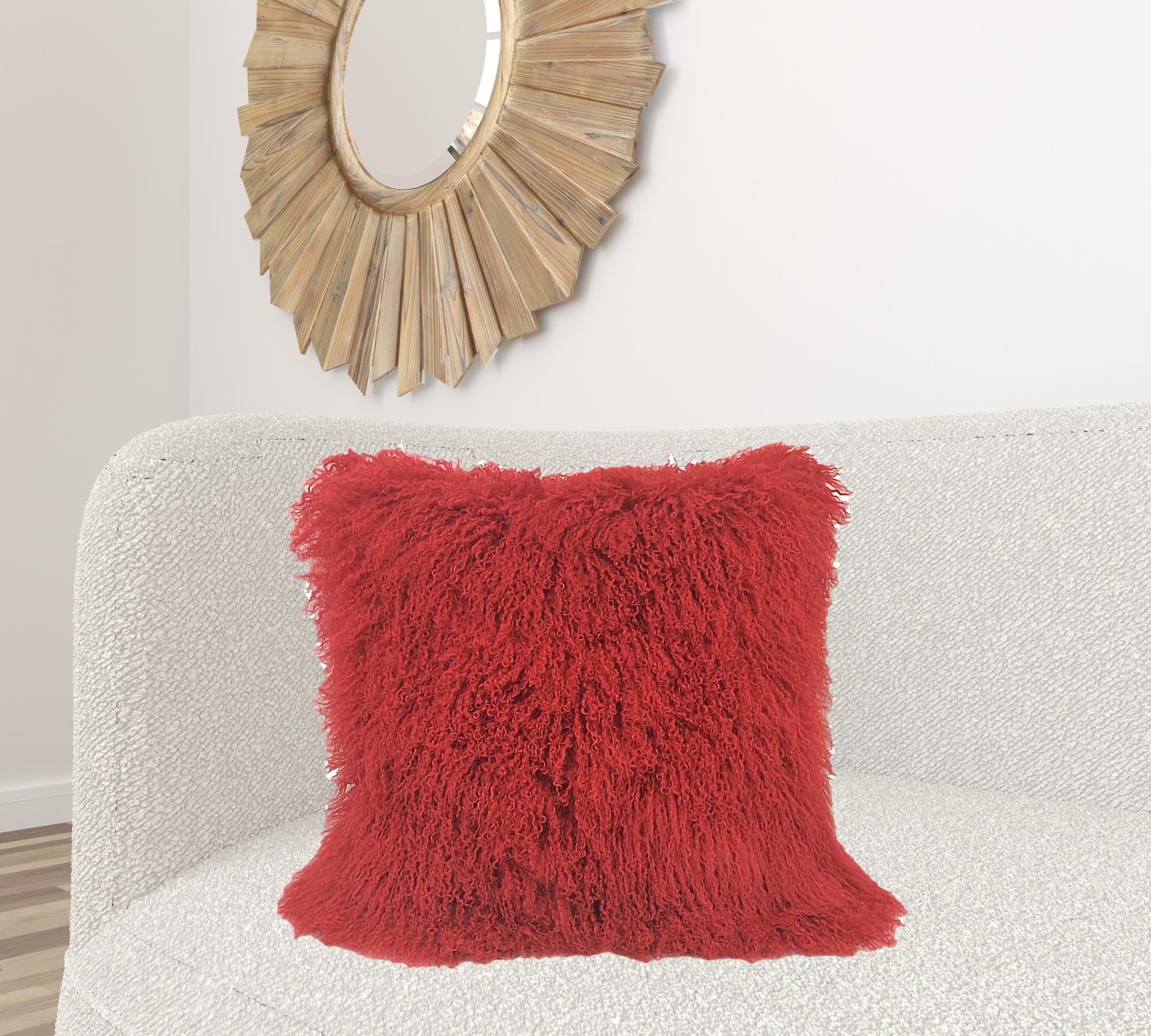 24" Red Genuine Tibetan Lamb Fur Pillow With Microsuede Backing-Accent Throw Pillows-DECOROLALA