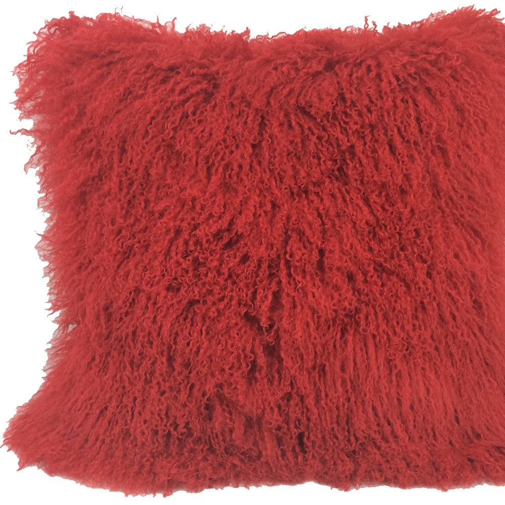 24" Red Genuine Tibetan Lamb Fur Pillow With Microsuede Backing-Accent Throw Pillows-DECOROLALA