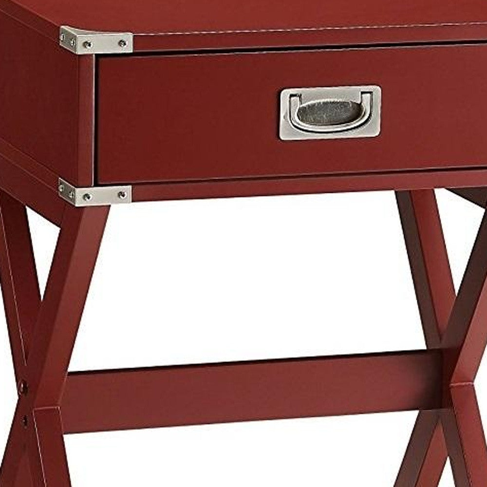 24" Red Wood Cross Legs End Table With Drawer-End-Side Tables-DECOROLALA