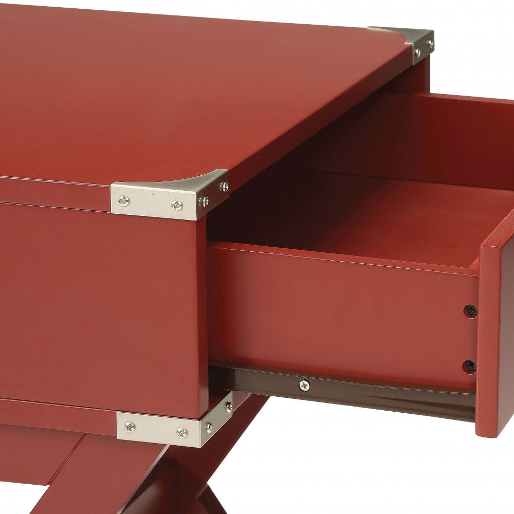 24" Red Wood Cross Legs End Table With Drawer-End-Side Tables-DECOROLALA