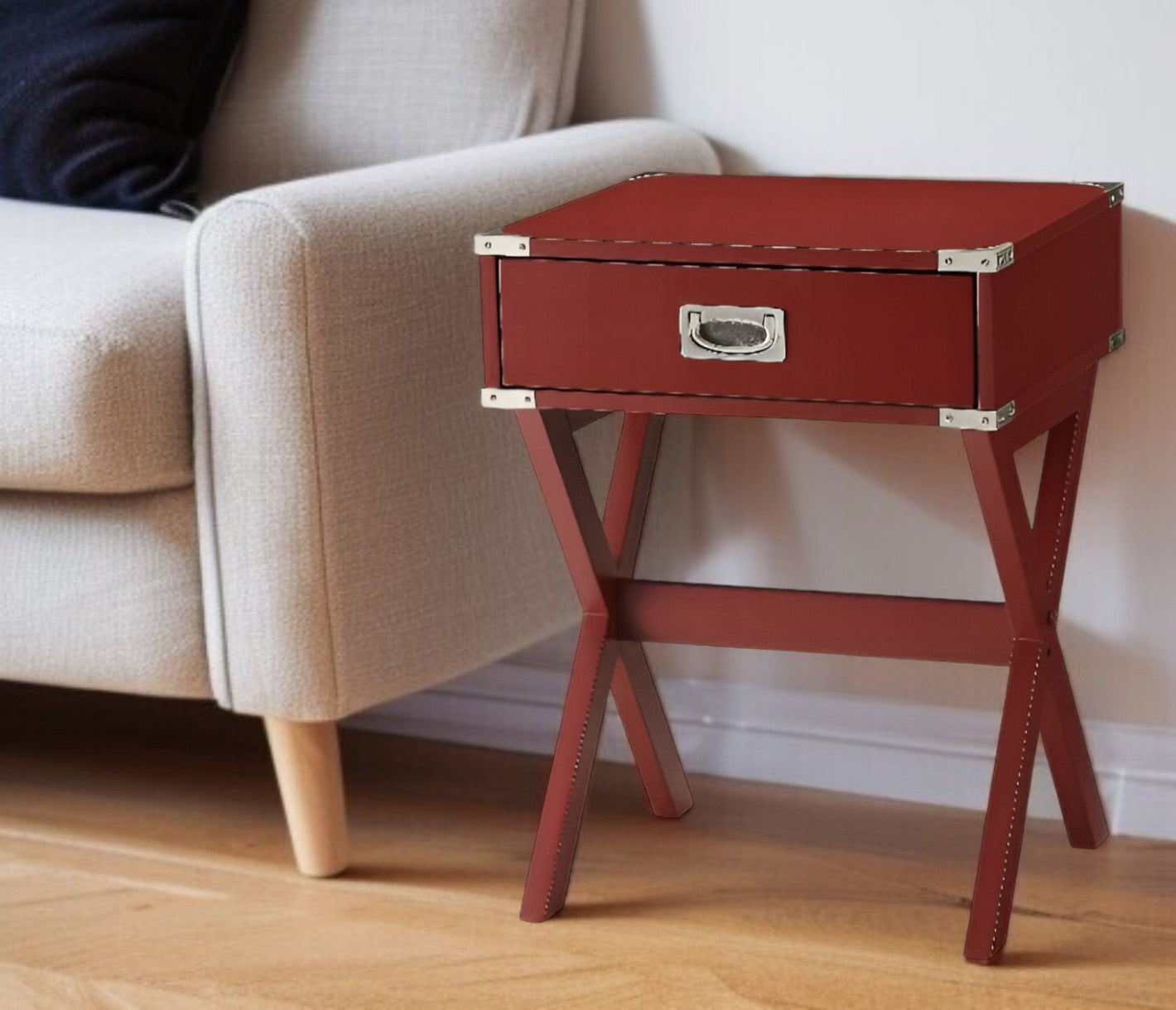 24" Red Wood Cross Legs End Table With Drawer-End-Side Tables-DECOROLALA