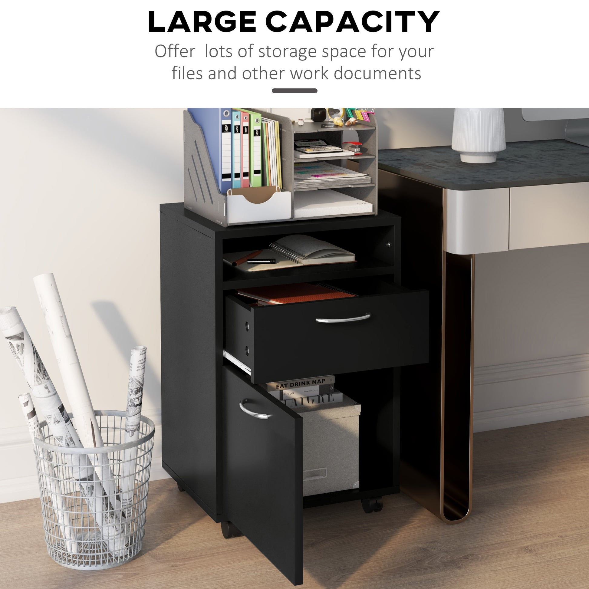 24" Rolling Filing Cabinet with Drawer - Black-Office Products > Office Furniture > Office Cabinets & Cupboards-DECOROLALA