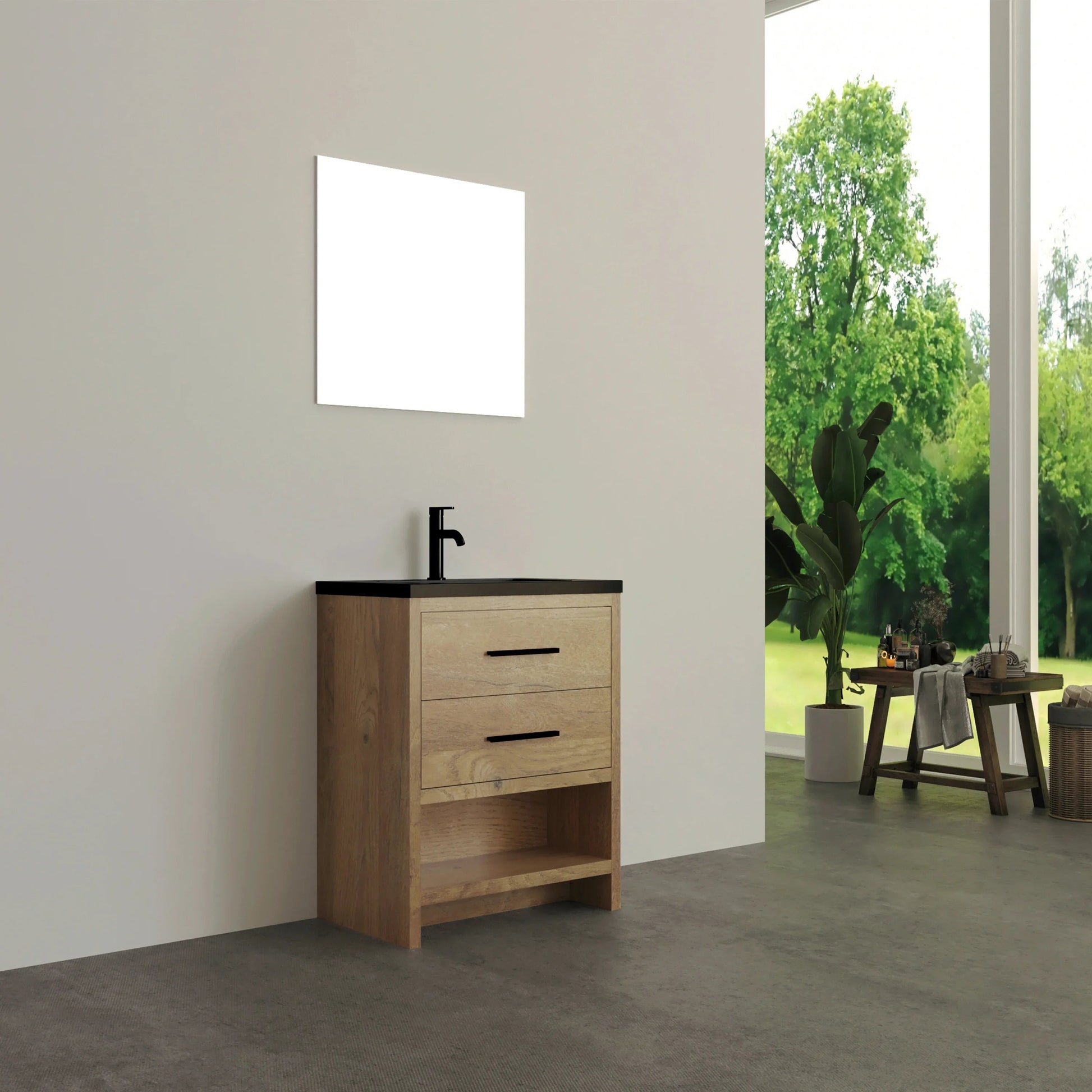 24" Rough Oak Freestanding Bathroom Vanity with Black Engineered Quartz Countertop-Migration_Bathroom Vanities-DECOROLALA