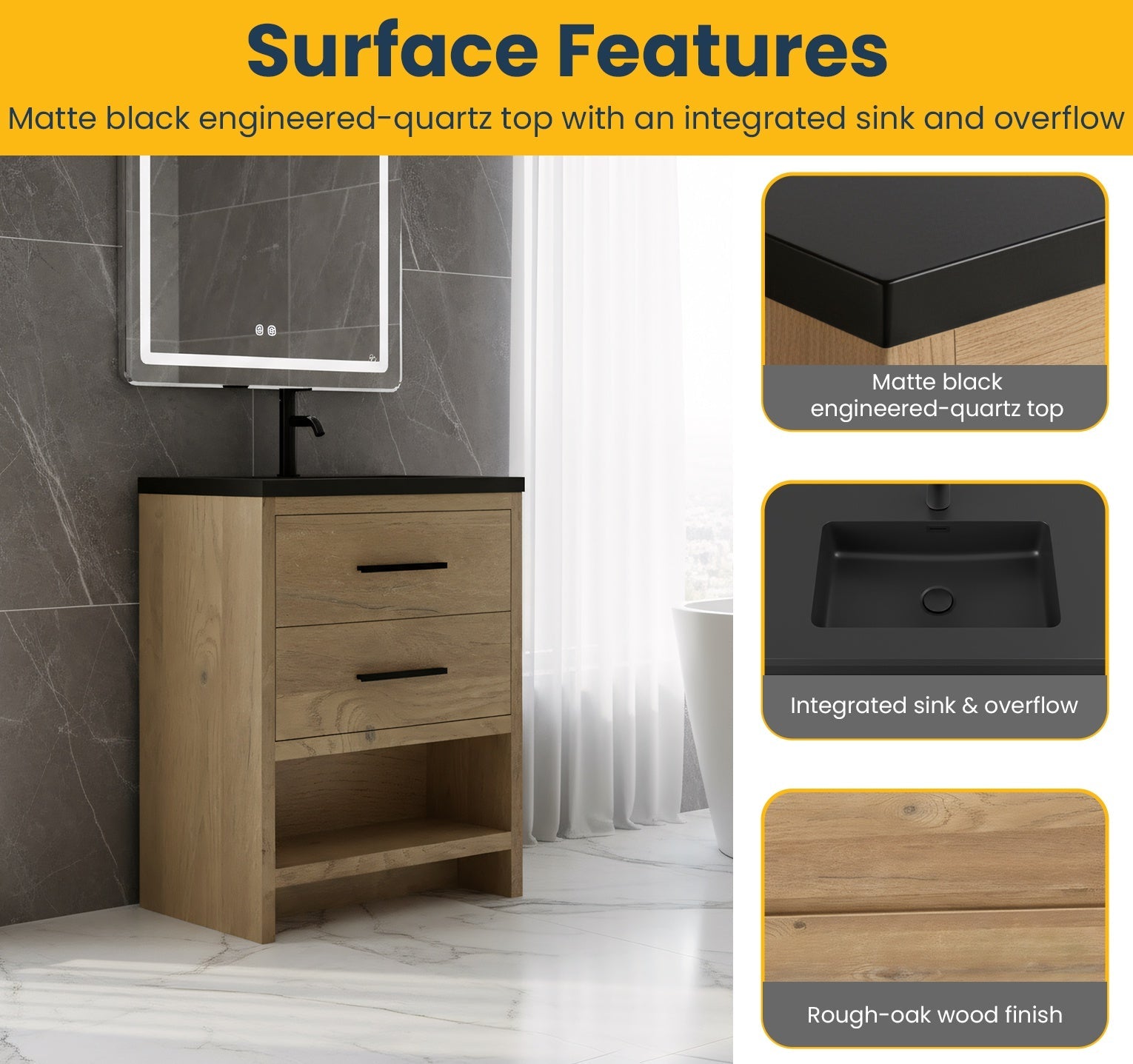 24" Rough Oak Freestanding Bathroom Vanity with Black Engineered Quartz Countertop-Migration_Bathroom Vanities-DECOROLALA