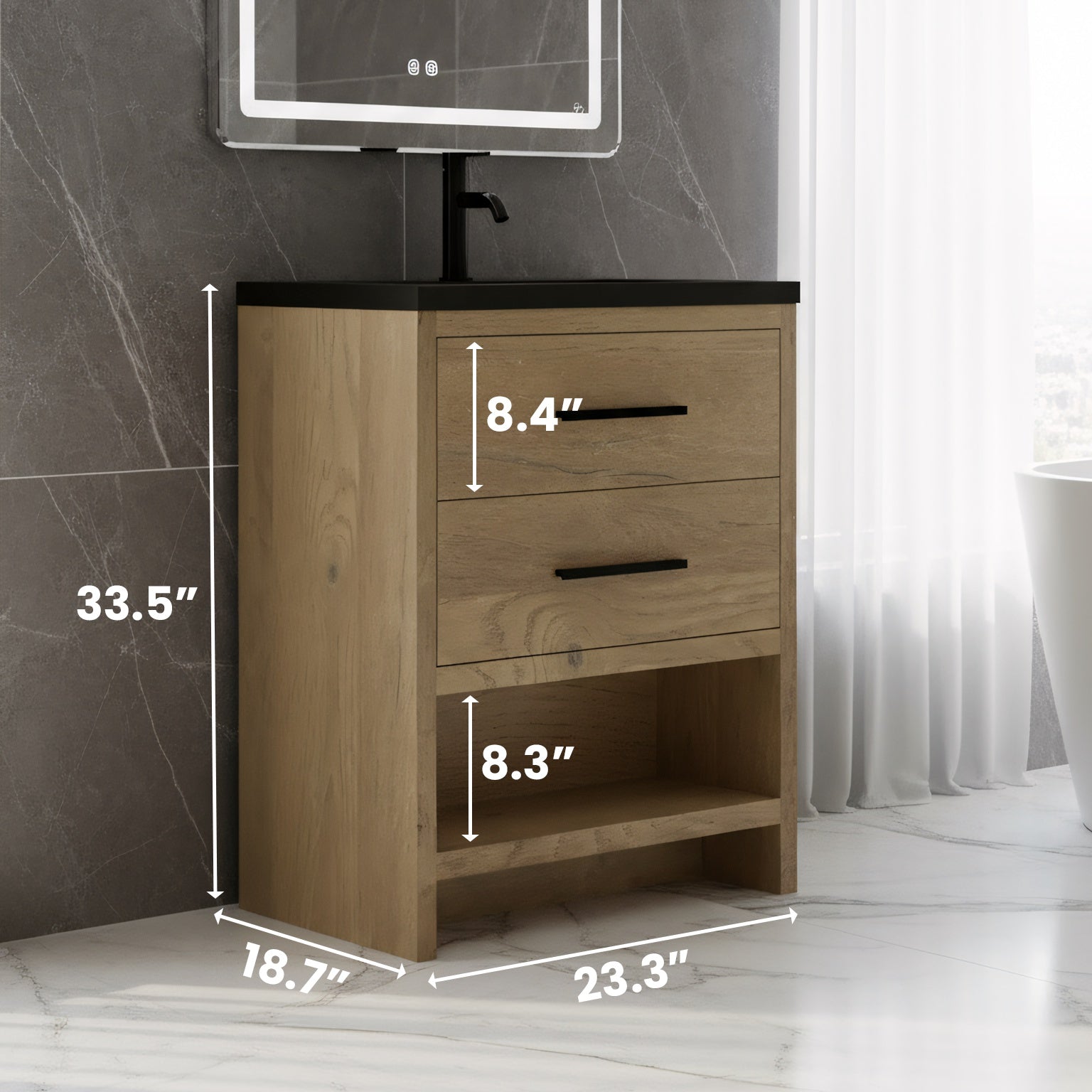 24" Rough Oak Freestanding Bathroom Vanity with Black Engineered Quartz Countertop-Migration_Bathroom Vanities-DECOROLALA