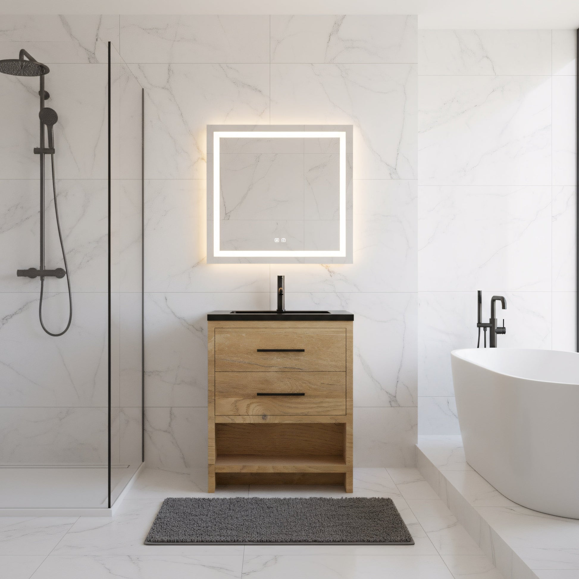 24" Rough Oak Freestanding Bathroom Vanity with Black Engineered Quartz Countertop-Migration_Bathroom Vanities-DECOROLALA