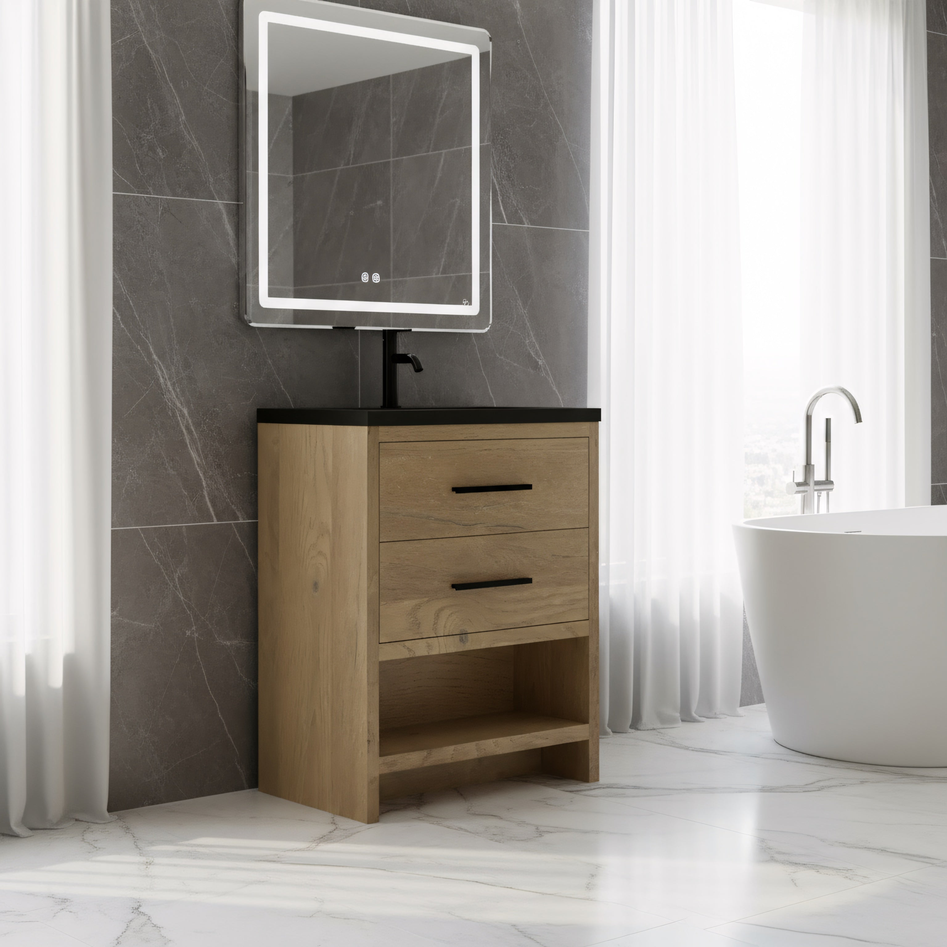 24" Rough Oak Freestanding Bathroom Vanity with Black Engineered Quartz Countertop-Migration_Bathroom Vanities-DECOROLALA