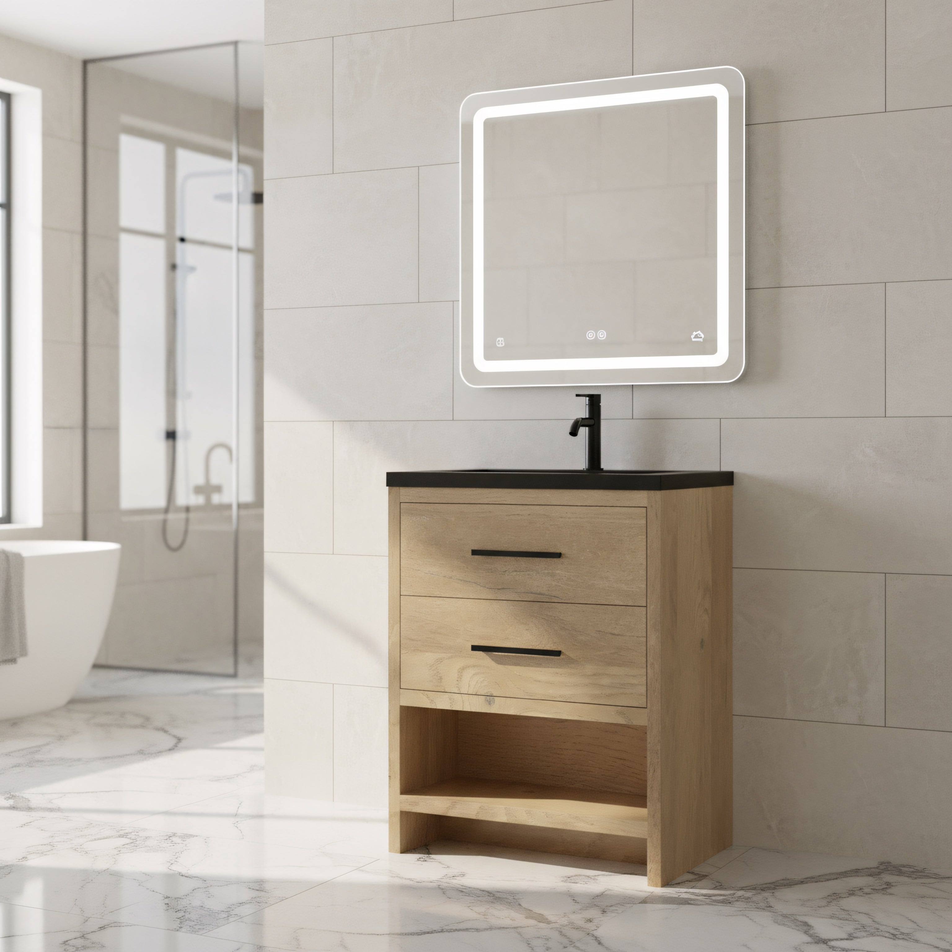 24" Rough Oak Freestanding Bathroom Vanity with Black Engineered Quartz Countertop-Migration_Bathroom Vanities-DECOROLALA