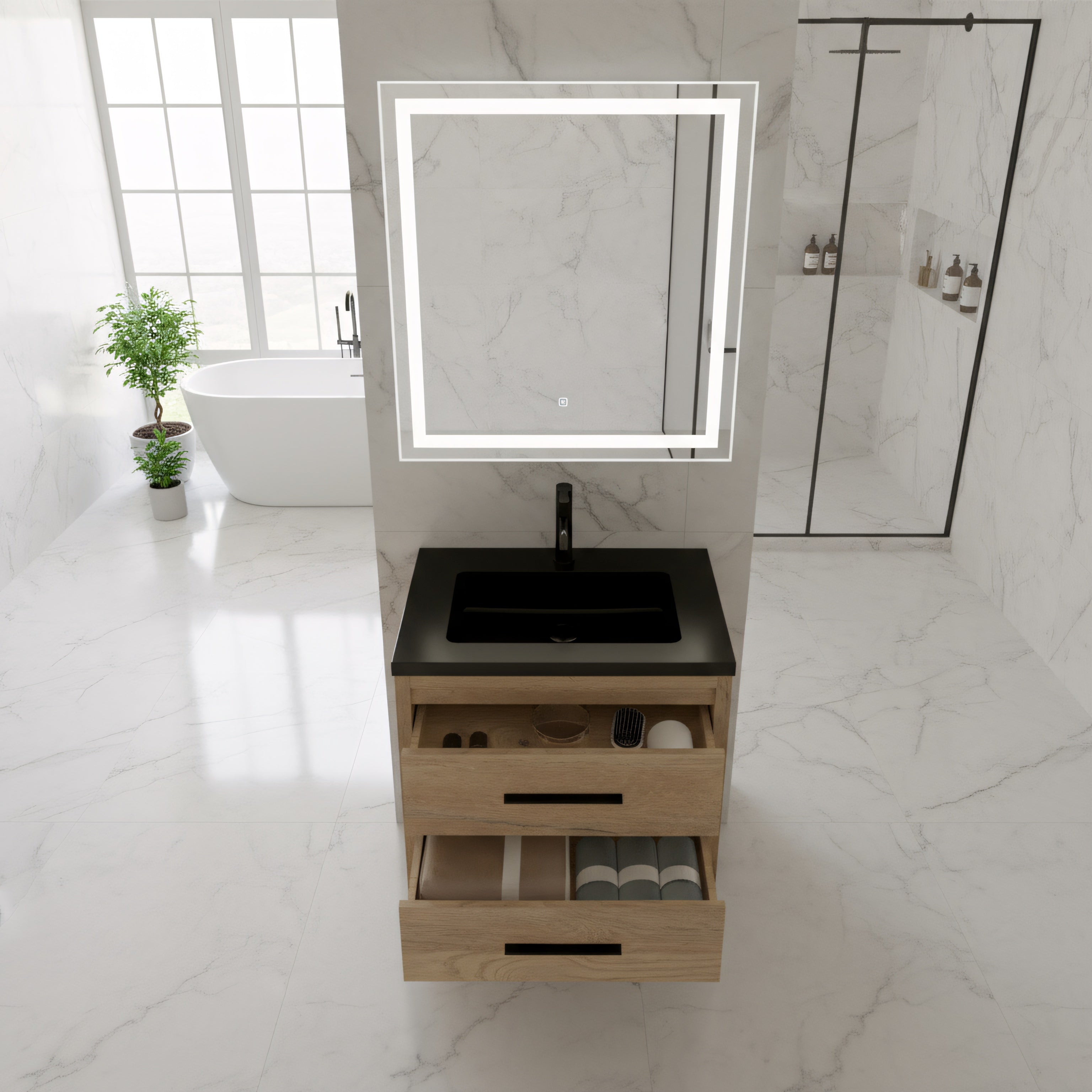 24" Rough Oak Freestanding Bathroom Vanity with Black Engineered Quartz Countertop-Migration_Bathroom Vanities-DECOROLALA