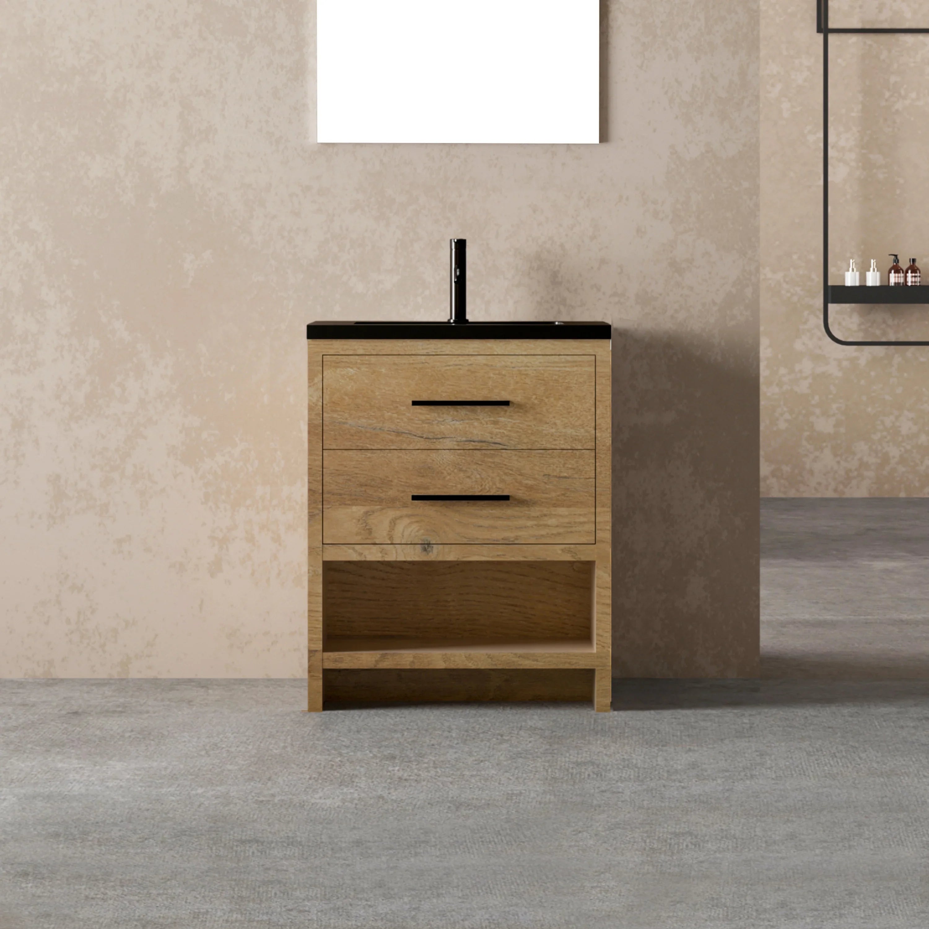 24" Rough Oak Freestanding Bathroom Vanity with Black Engineered Quartz Countertop-Migration_Bathroom Vanities-DECOROLALA