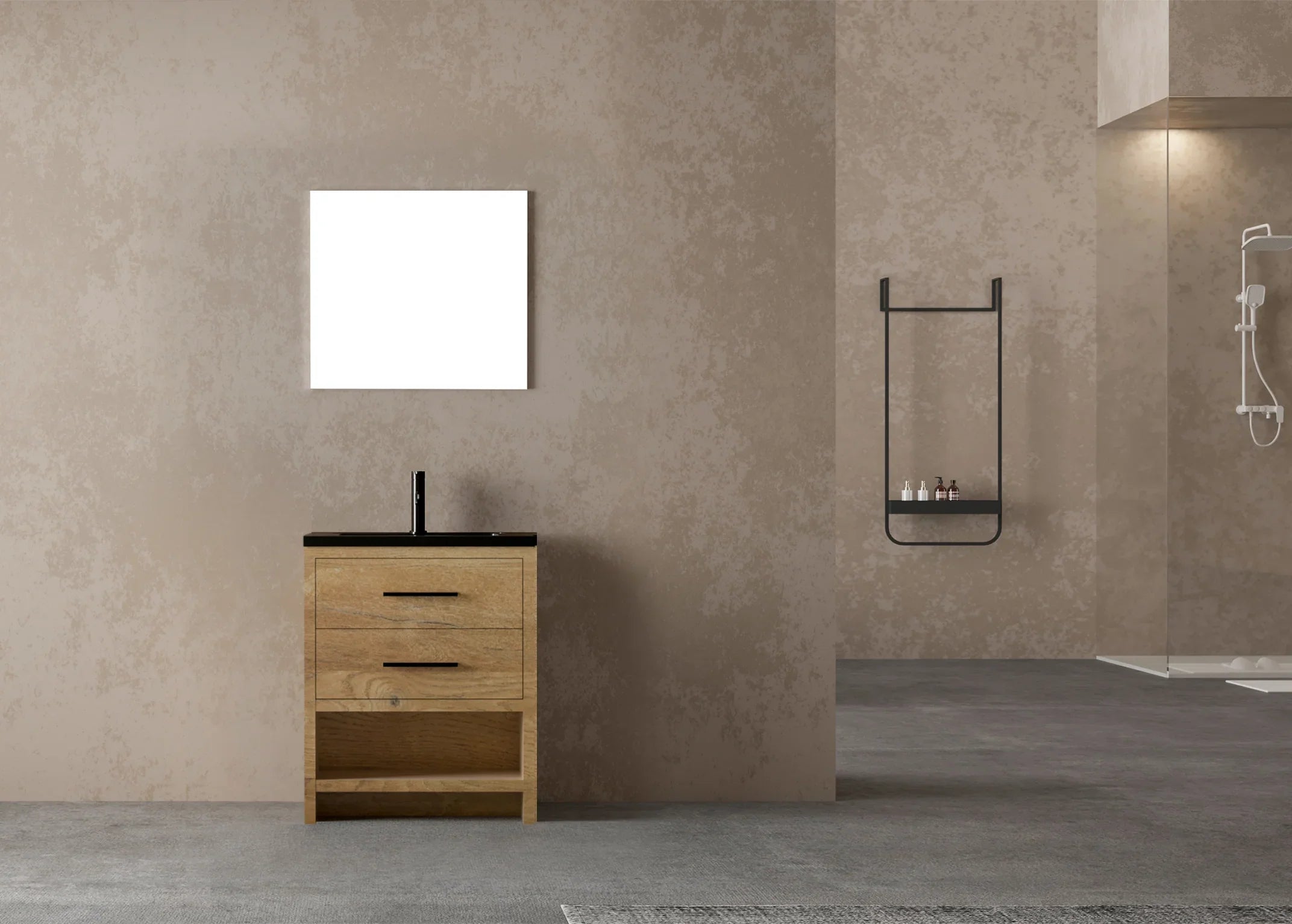 24" Rough Oak Freestanding Bathroom Vanity with Black Engineered Quartz Countertop-Migration_Bathroom Vanities-DECOROLALA