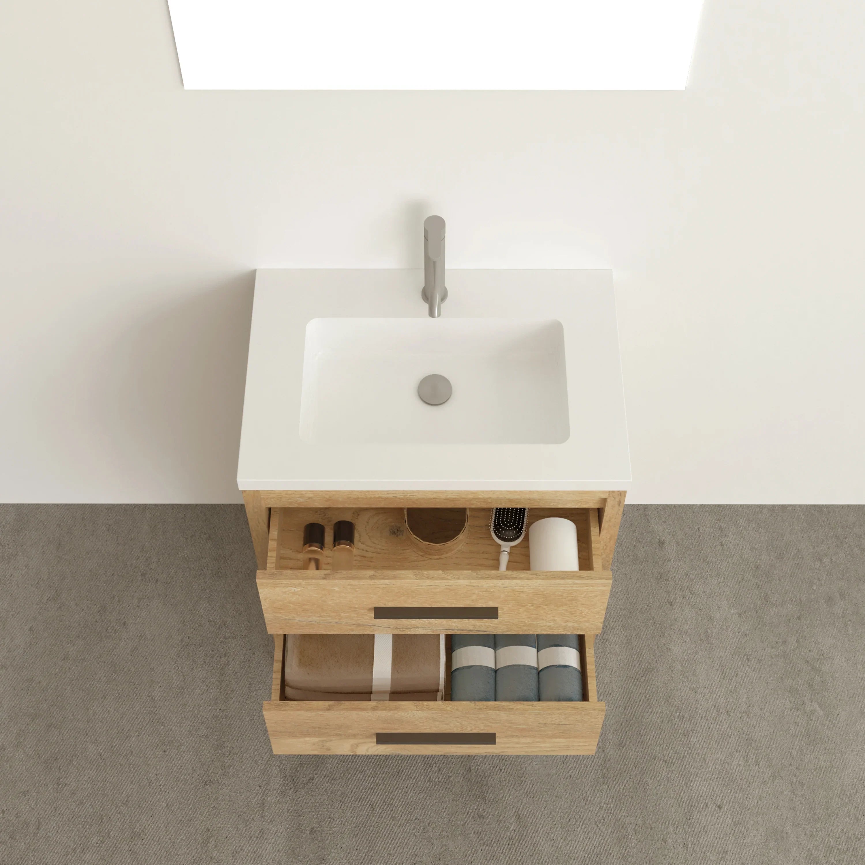 24" Rough Oak Freestanding Bathroom Vanity with White Polymarble Countertop-Migration_Bathroom Vanities-DECOROLALA