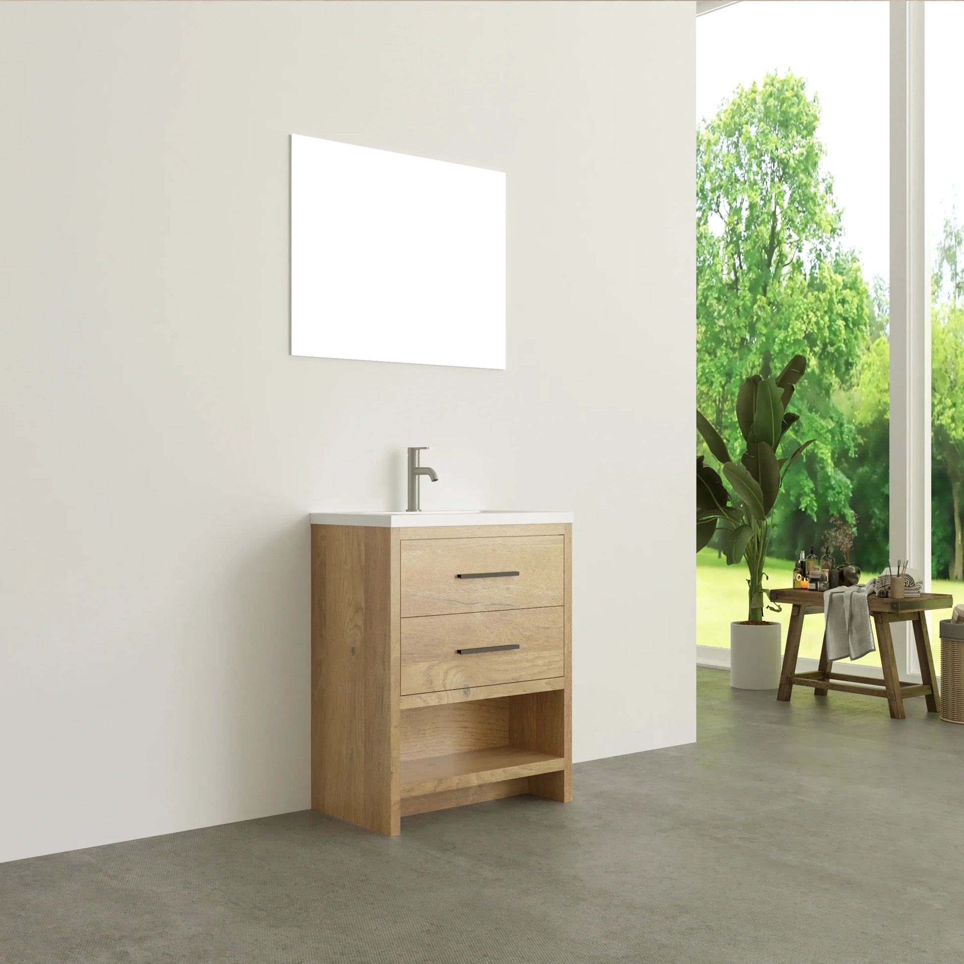 24" Rough Oak Freestanding Bathroom Vanity with White Polymarble Countertop-Migration_Bathroom Vanities-DECOROLALA