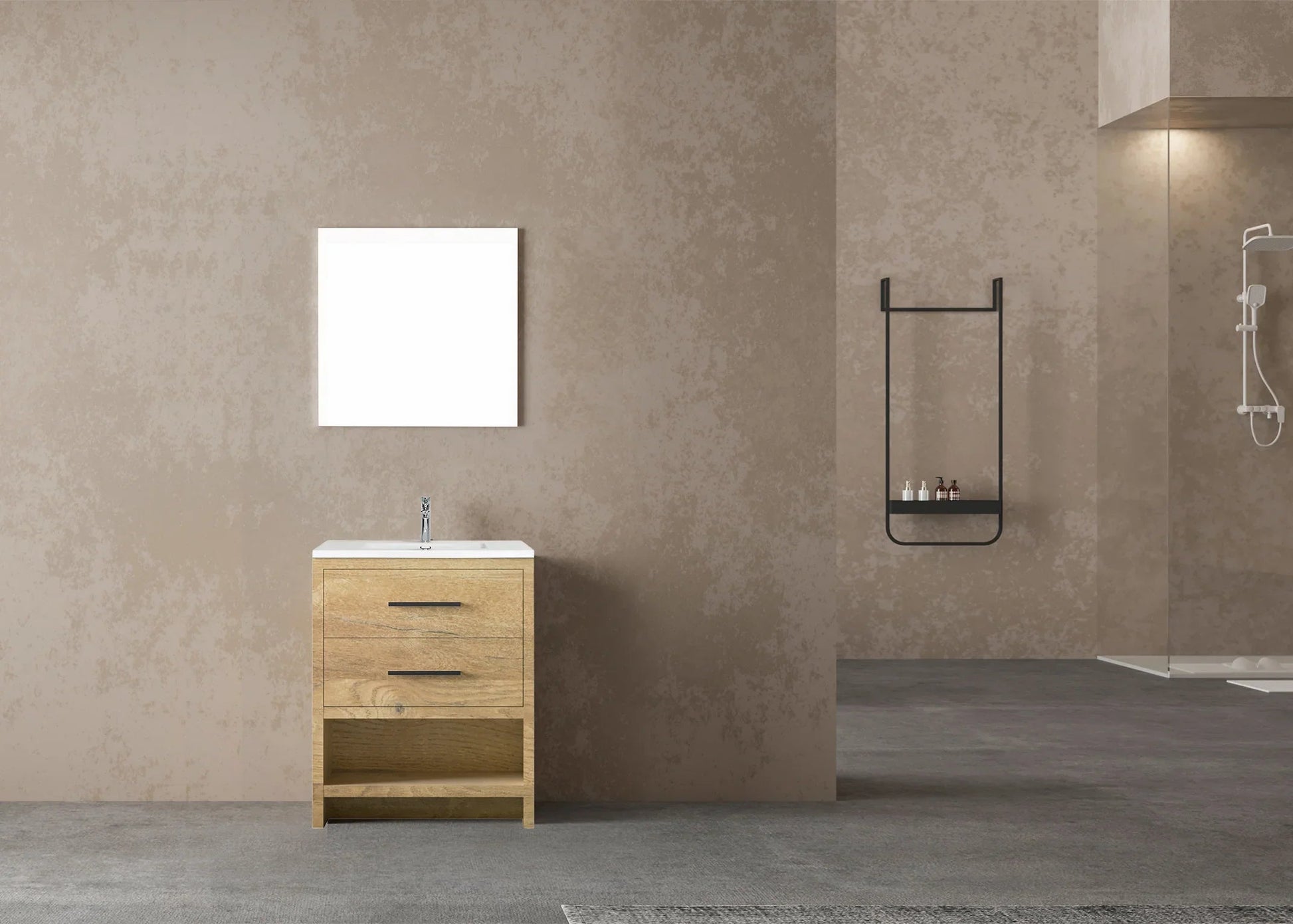 24" Rough Oak Freestanding Bathroom Vanity with White Polymarble Countertop-Migration_Bathroom Vanities-DECOROLALA