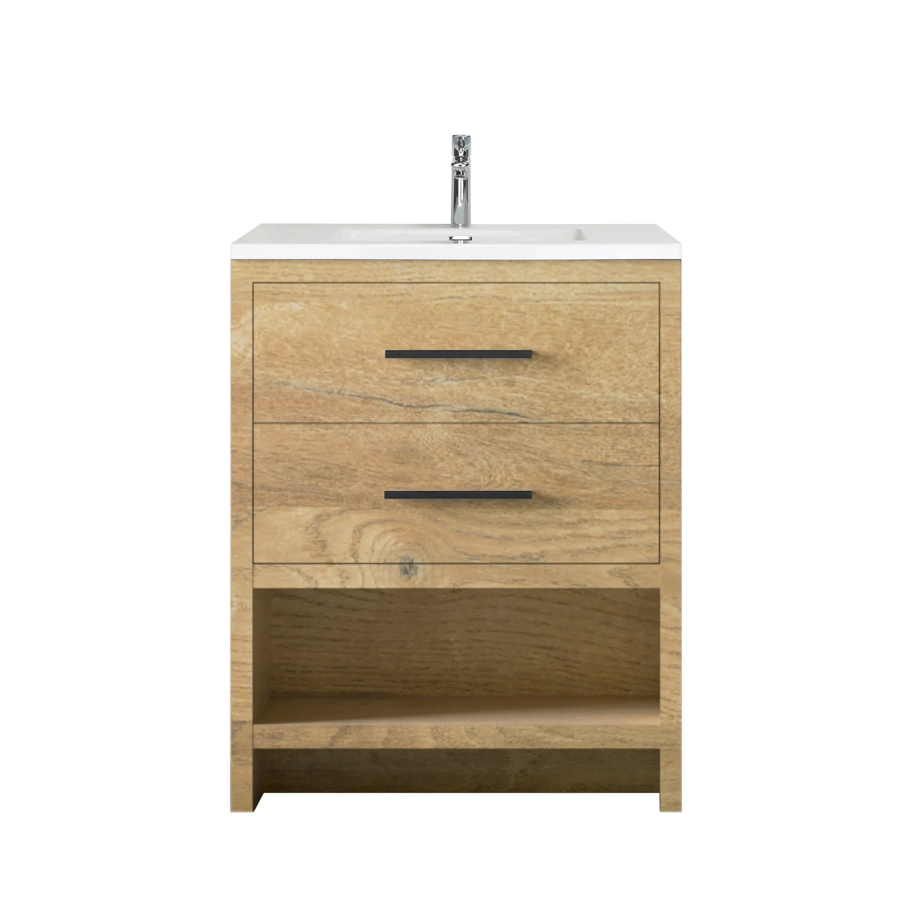 24" Rough Oak Freestanding Bathroom Vanity with White Polymarble Countertop-Migration_Bathroom Vanities-DECOROLALA