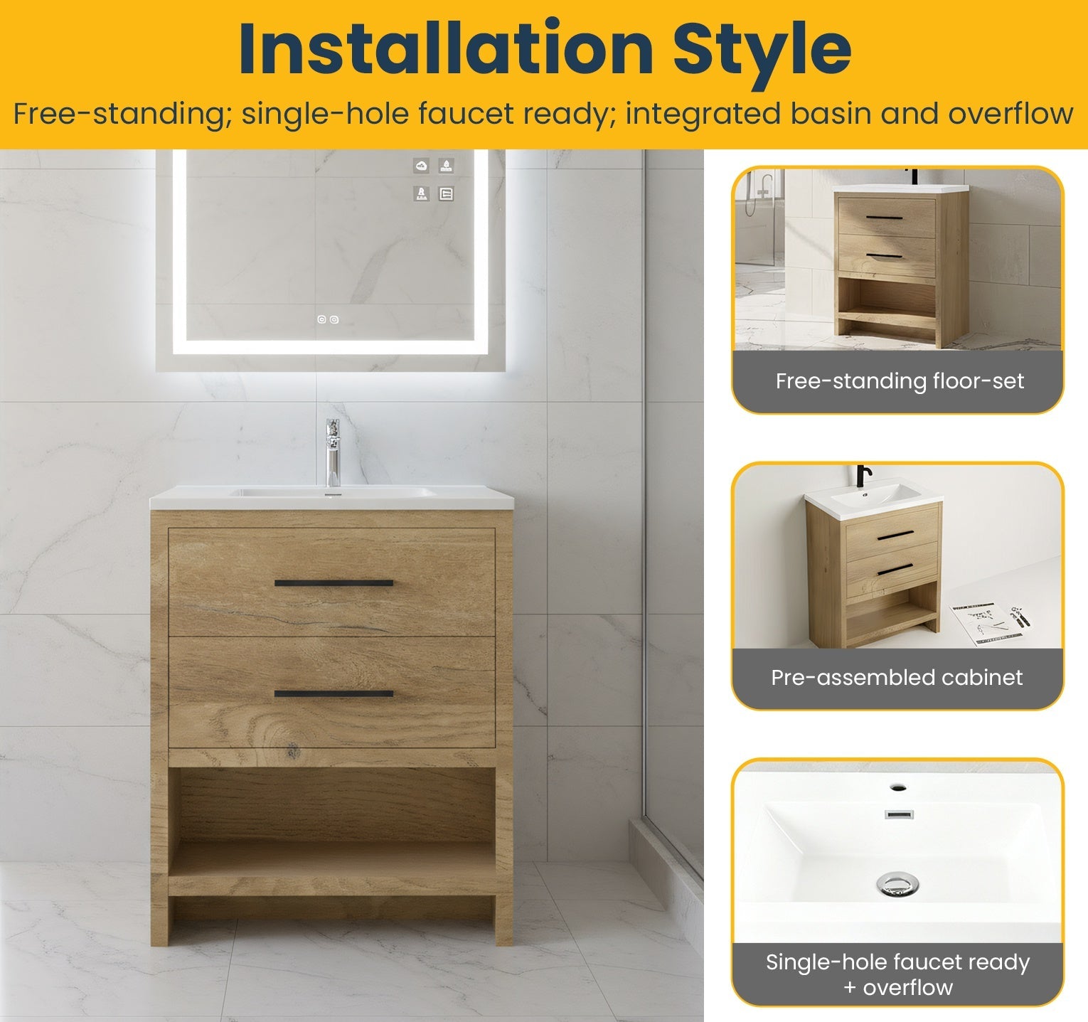 24" Rough Oak Freestanding Bathroom Vanity with White Polymarble Countertop-Migration_Bathroom Vanities-DECOROLALA