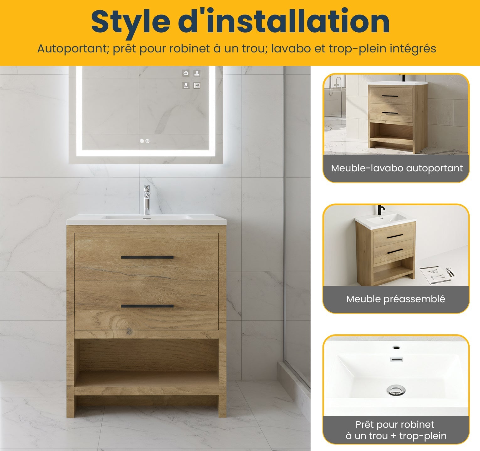 24" Rough Oak Freestanding Bathroom Vanity with White Polymarble Countertop-Migration_Bathroom Vanities-DECOROLALA