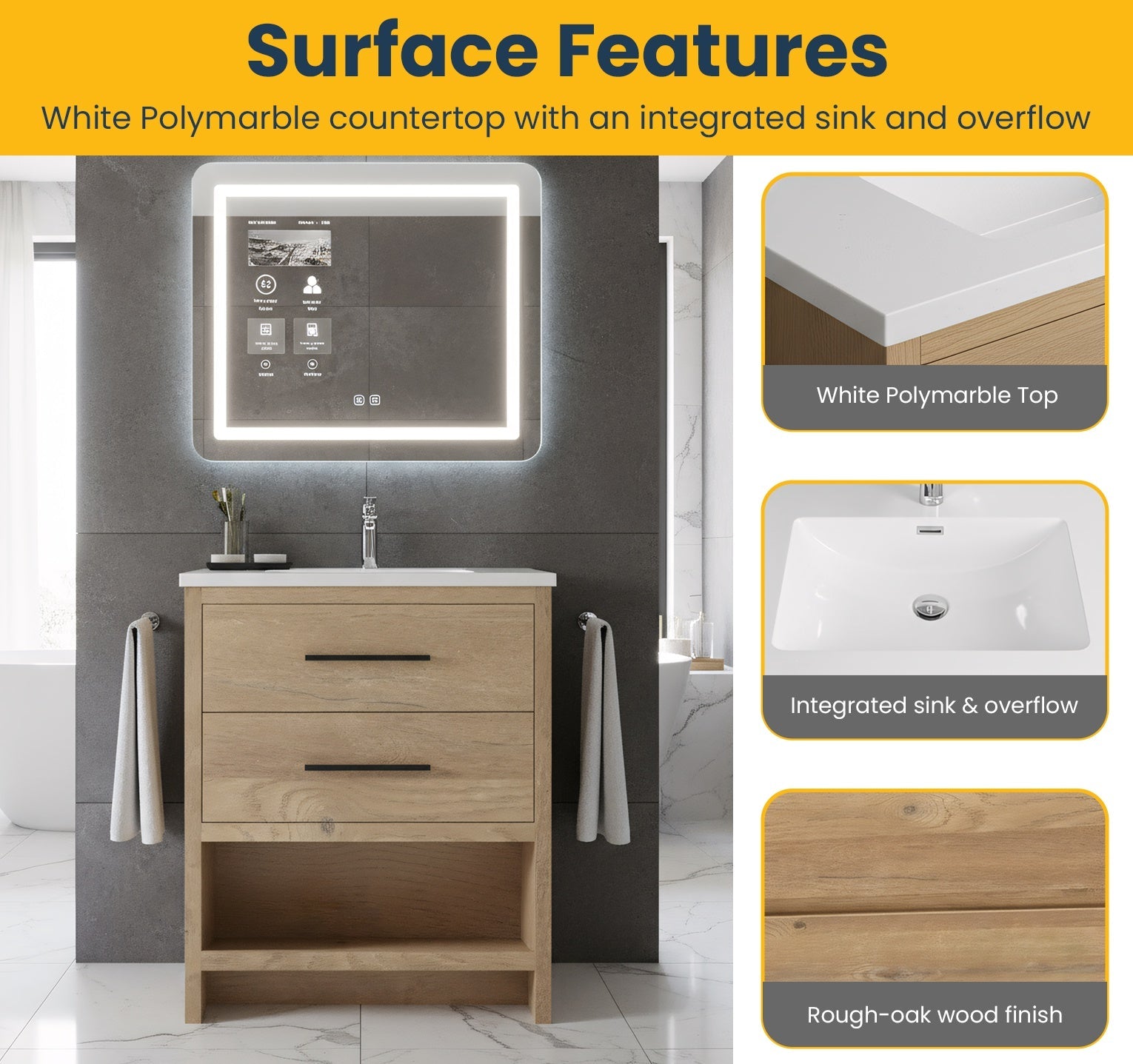 24" Rough Oak Freestanding Bathroom Vanity with White Polymarble Countertop-Migration_Bathroom Vanities-DECOROLALA