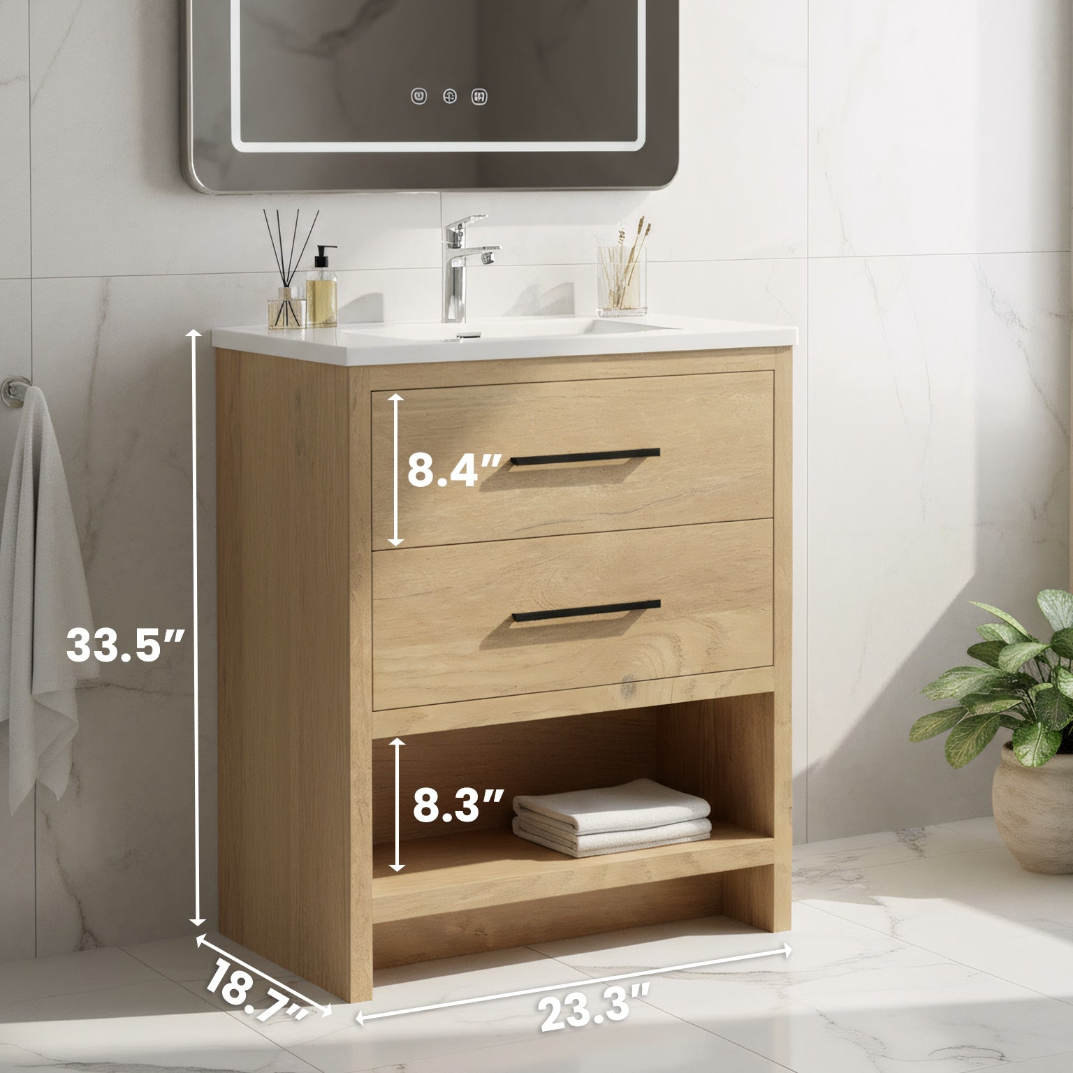 24" Rough Oak Freestanding Bathroom Vanity with White Polymarble Countertop-Migration_Bathroom Vanities-DECOROLALA