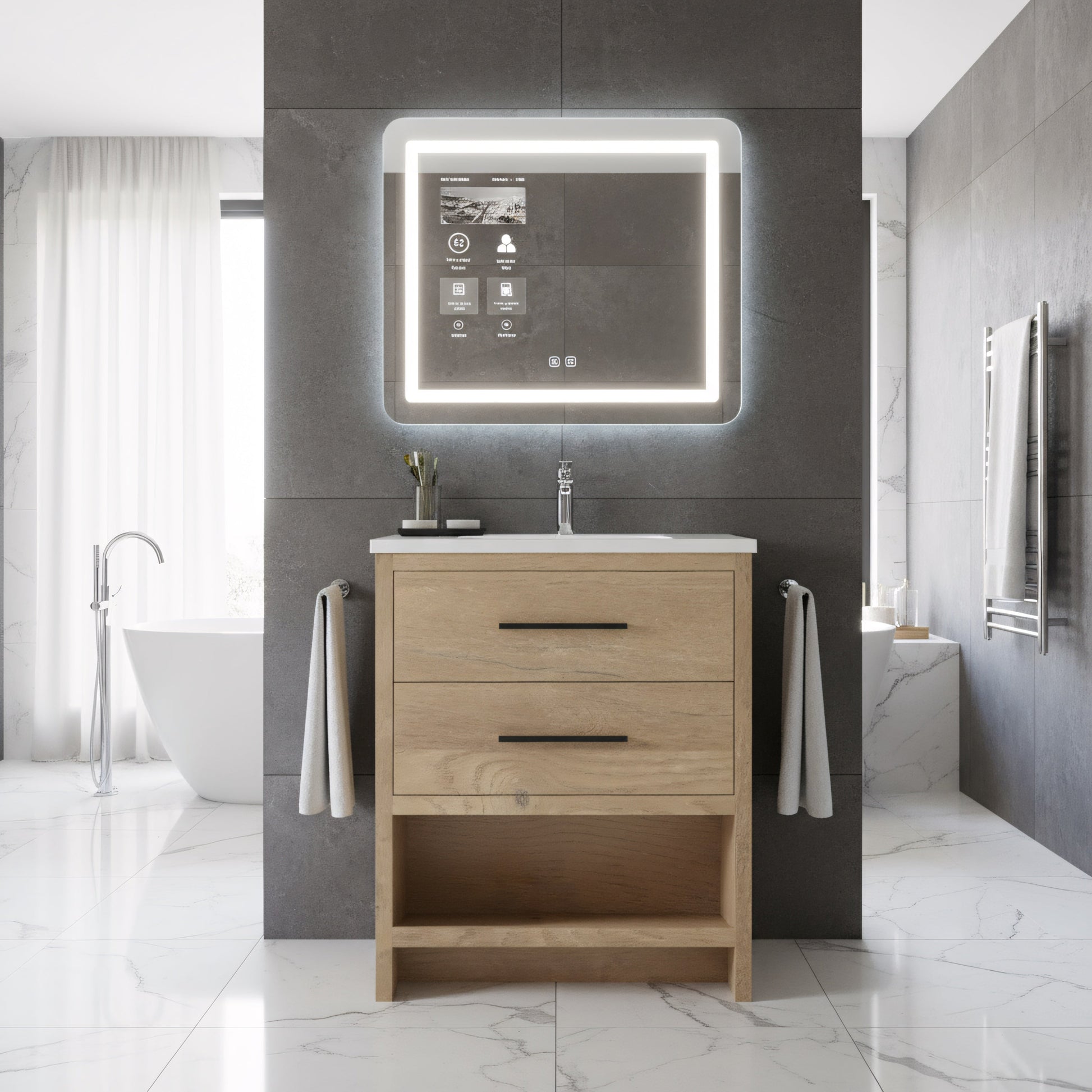 24" Rough Oak Freestanding Bathroom Vanity with White Polymarble Countertop-Migration_Bathroom Vanities-DECOROLALA