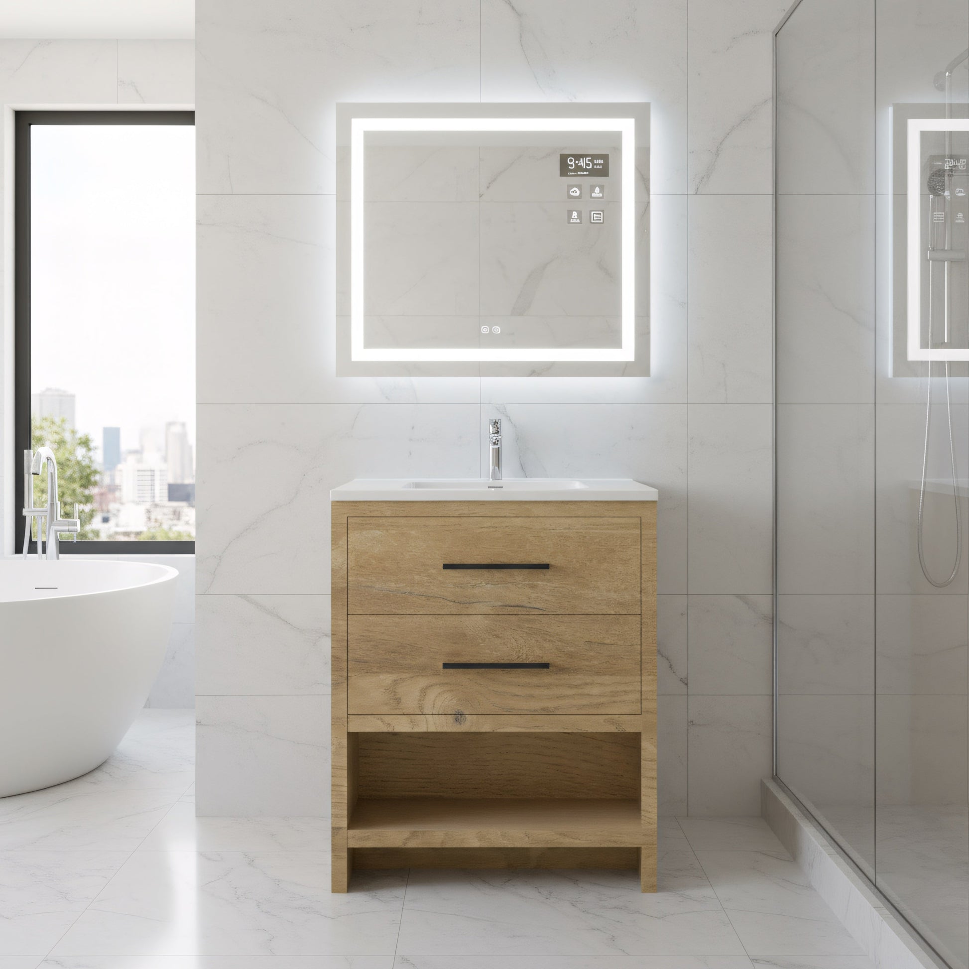 24" Rough Oak Freestanding Bathroom Vanity with White Polymarble Countertop-Migration_Bathroom Vanities-DECOROLALA